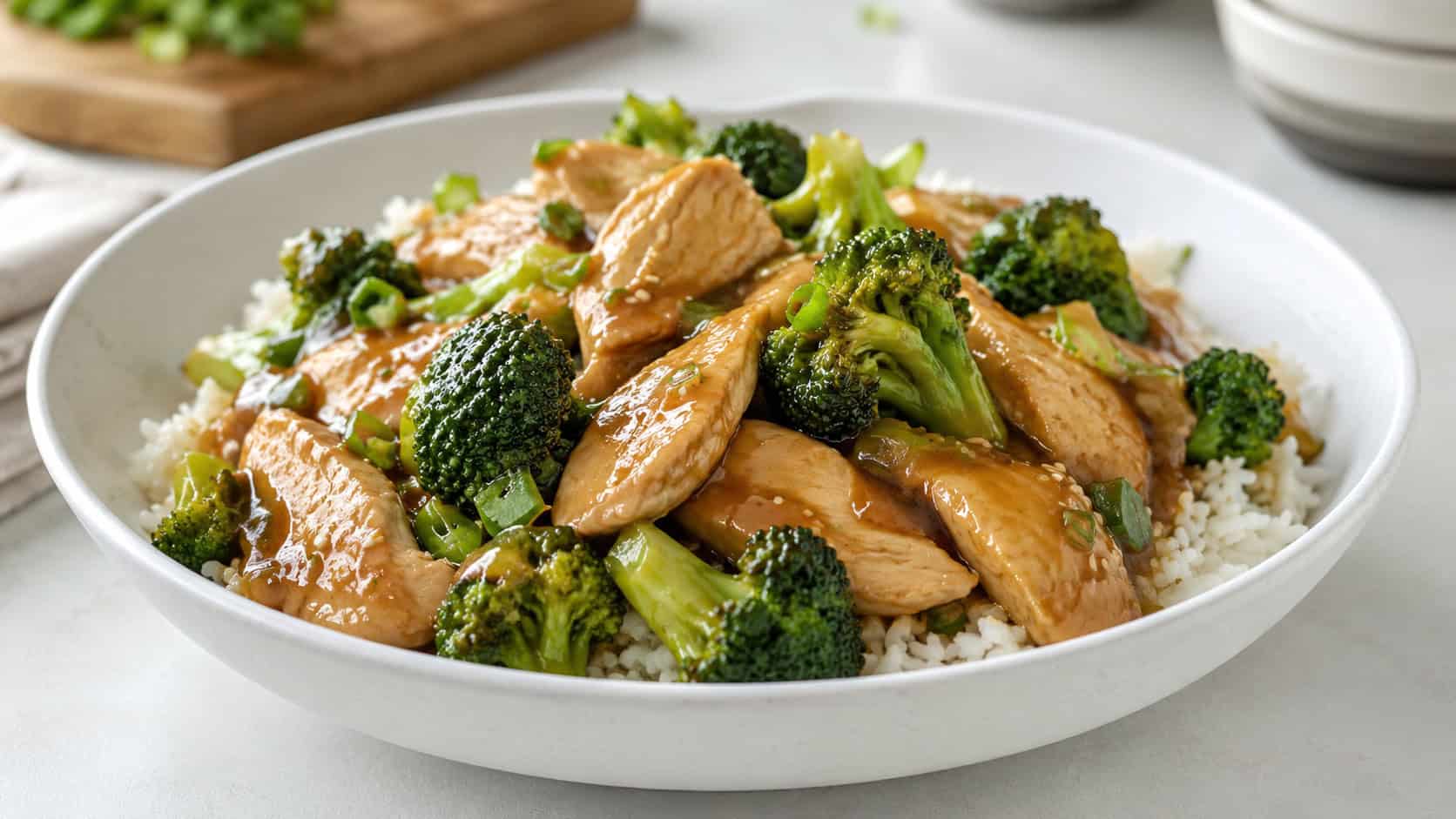 chicken and broccoli stir fry in a wide horizontal shot, bright green broccoli and sliced chicken in light brown sauce, served in a white bowl over rice, on a clean light kitchen counter, natural light, shallow depth of field, landscape orientation