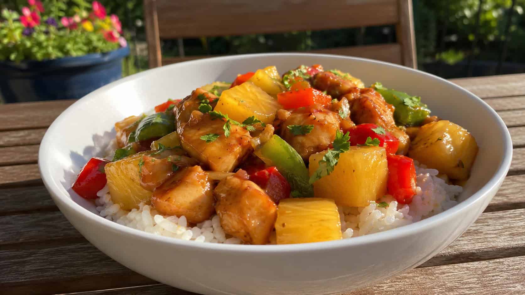 pineapple chicken stir fry with red and green bell peppers in a wide horizontal shot, golden pineapple chunks in glossy sauce, served in a bright bowl over rice, on a sunny outdoor table, natural light, shallow depth of field, landscape orientation