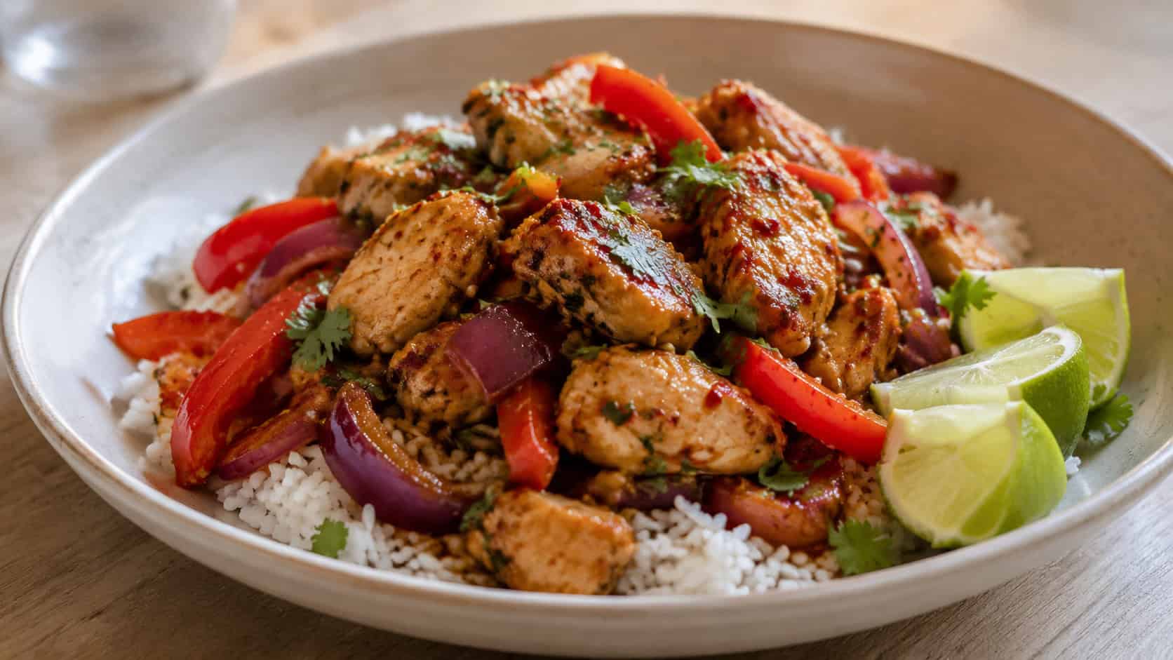 chili lime chicken stir fry with red pepper and red onion in a wide horizontal shot, glossy chicken flecked with chili, served in a shallow bowl over rice, garnished with cilantro and lime wedges, on a light wooden table, natural light, shallow depth of field, landscape orientation
