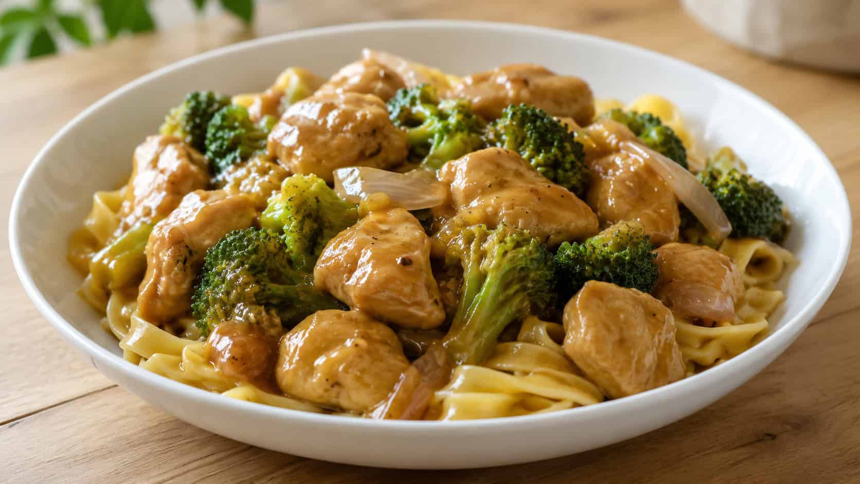 honey mustard chicken stir fry with broccoli and onion in a wide horizontal shot, creamy golden sauce coating the chicken, served in a white bowl over egg noodles, on a light wooden table, natural light, shallow depth of field, landscape orientation