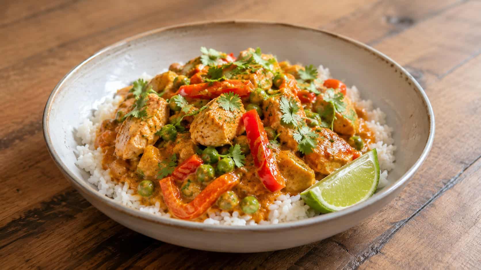 coconut curry chicken stir fry with red bell pepper and peas in a wide horizontal shot, creamy orange-red curry sauce, served over jasmine rice in a wide bowl, garnished with cilantro and lime, on a warm wooden table, natural light, shallow depth of field, landscape orientation
