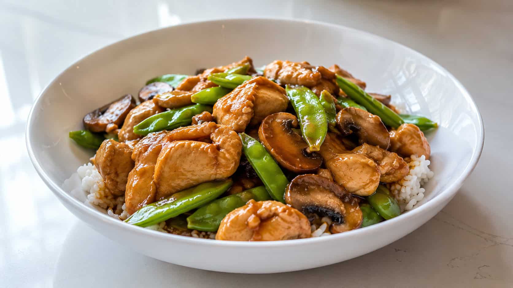 oyster sauce chicken stir fry with snow peas and mushrooms in a wide horizontal shot, glossy brown sauce, served in a white bowl over rice, on a clean light counter, natural light, shallow depth of field, landscape orientation