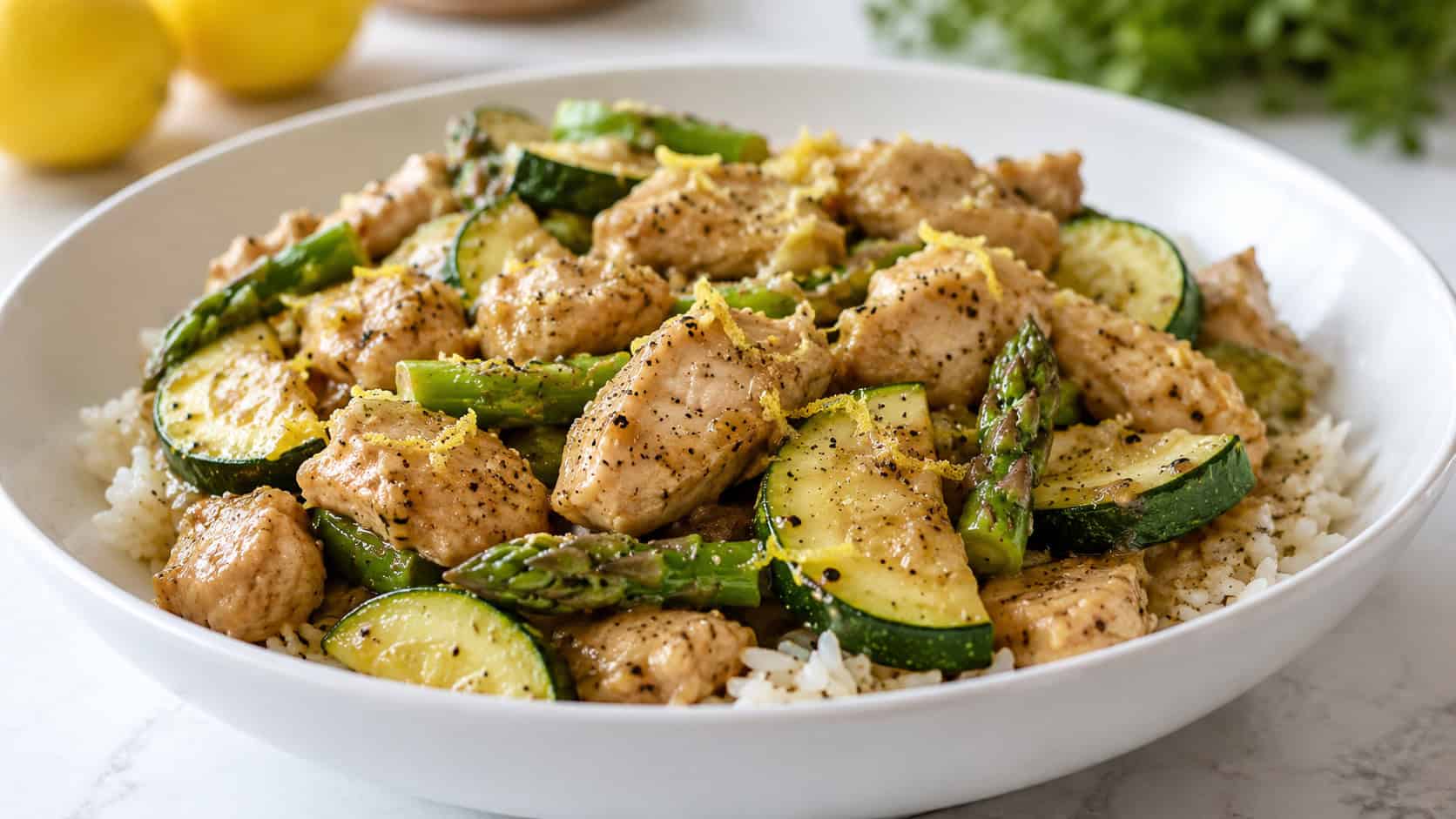 lemon pepper chicken stir fry with zucchini and asparagus in a wide horizontal shot, light glossy sauce flecked with black pepper, served in a white bowl over rice, garnished with lemon zest, on a bright table, natural light, shallow depth of field, landscape orientation