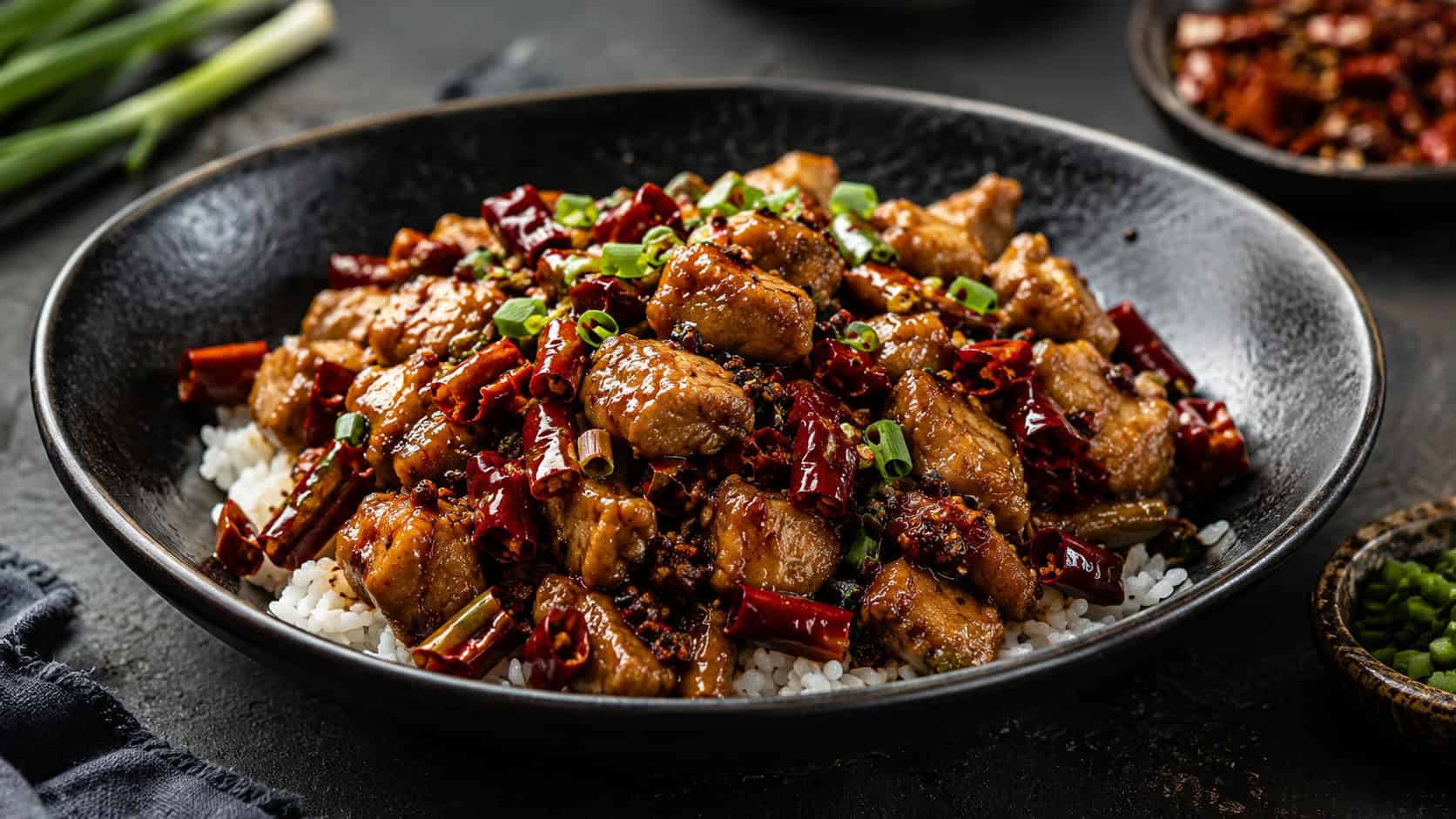 spicy Sichuan chicken stir fry with dried red chiles in a wide horizontal shot, glossy chicken flecked with peppercorns and chiles, served in a dark bowl over rice, scattered with green onions, on a dark dramatic table, natural light, shallow depth of field, landscape orientation