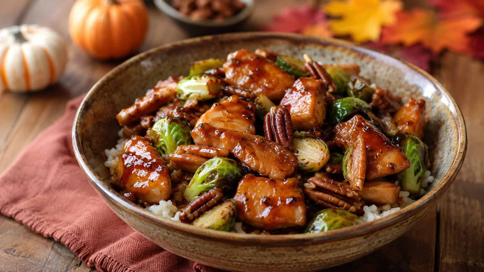 maple glazed chicken stir fry with halved Brussels sprouts and pecans in a wide horizontal shot, glossy caramelized glaze, served in a rustic bowl over rice, on a warm autumnal wooden table, natural light, shallow depth of field, landscape orientation