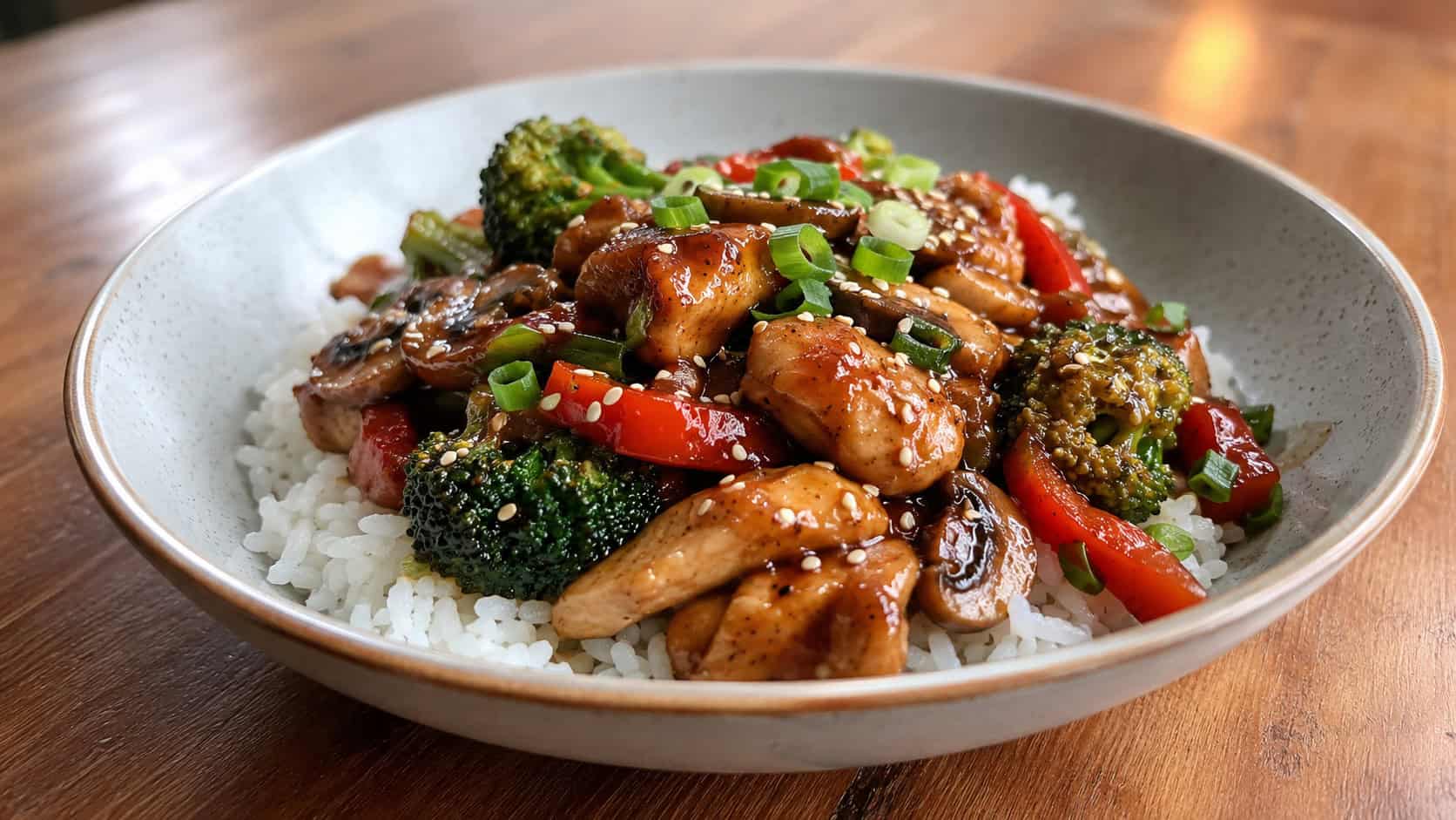 teriyaki chicken stir fry with broccoli, red pepper, and mushrooms in a wide horizontal shot, glossy brown sauce, served over white rice in a wide bowl, sprinkled with sesame seeds and green onion, on a warm wooden table, natural light, shallow depth of field, landscape orientation