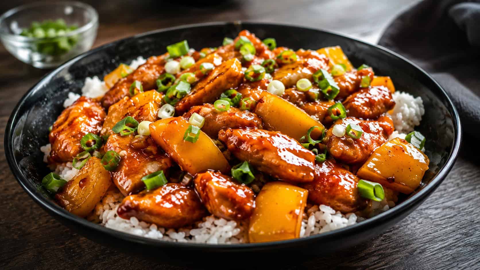 sweet and spicy sriracha chicken stir fry with yellow bell pepper in a wide horizontal shot, glistening red-orange glaze, served in a black bowl over rice, scattered with green onions, on a dark wood table, natural light, shallow depth of field, landscape orientation