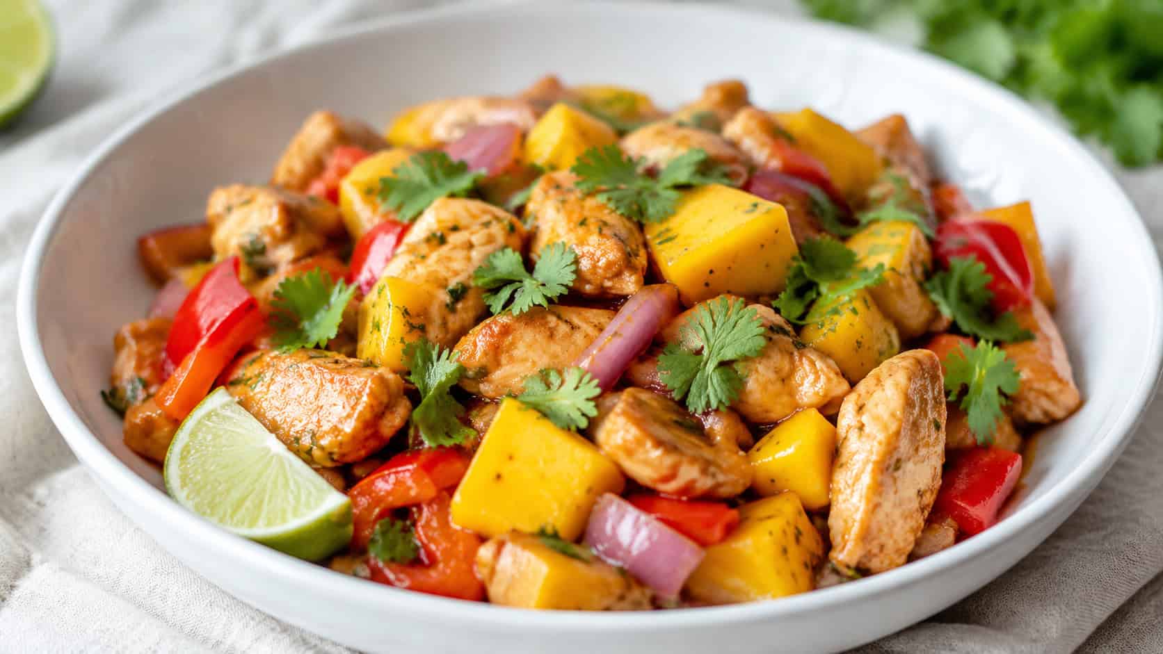 mango chicken stir fry with red onion and bell pepper in a wide horizontal shot, bright golden mango chunks throughout, served in a white shallow bowl, garnished with fresh cilantro and lime wedge, on a light linen surface, natural light, shallow depth of field, landscape orientation