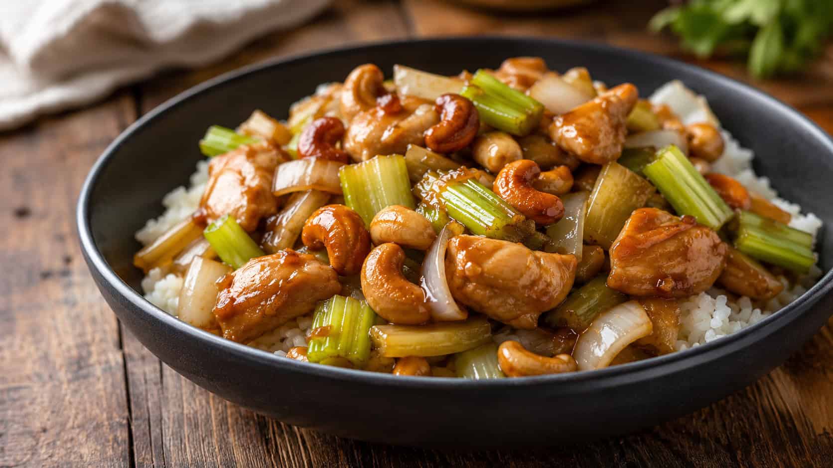 cashew chicken stir fry with celery and onion in a wide horizontal shot, golden toasted cashews throughout, glossy brown sauce, served in a dark bowl over rice, on a rustic wooden table, natural light, shallow depth of field, landscape orientation