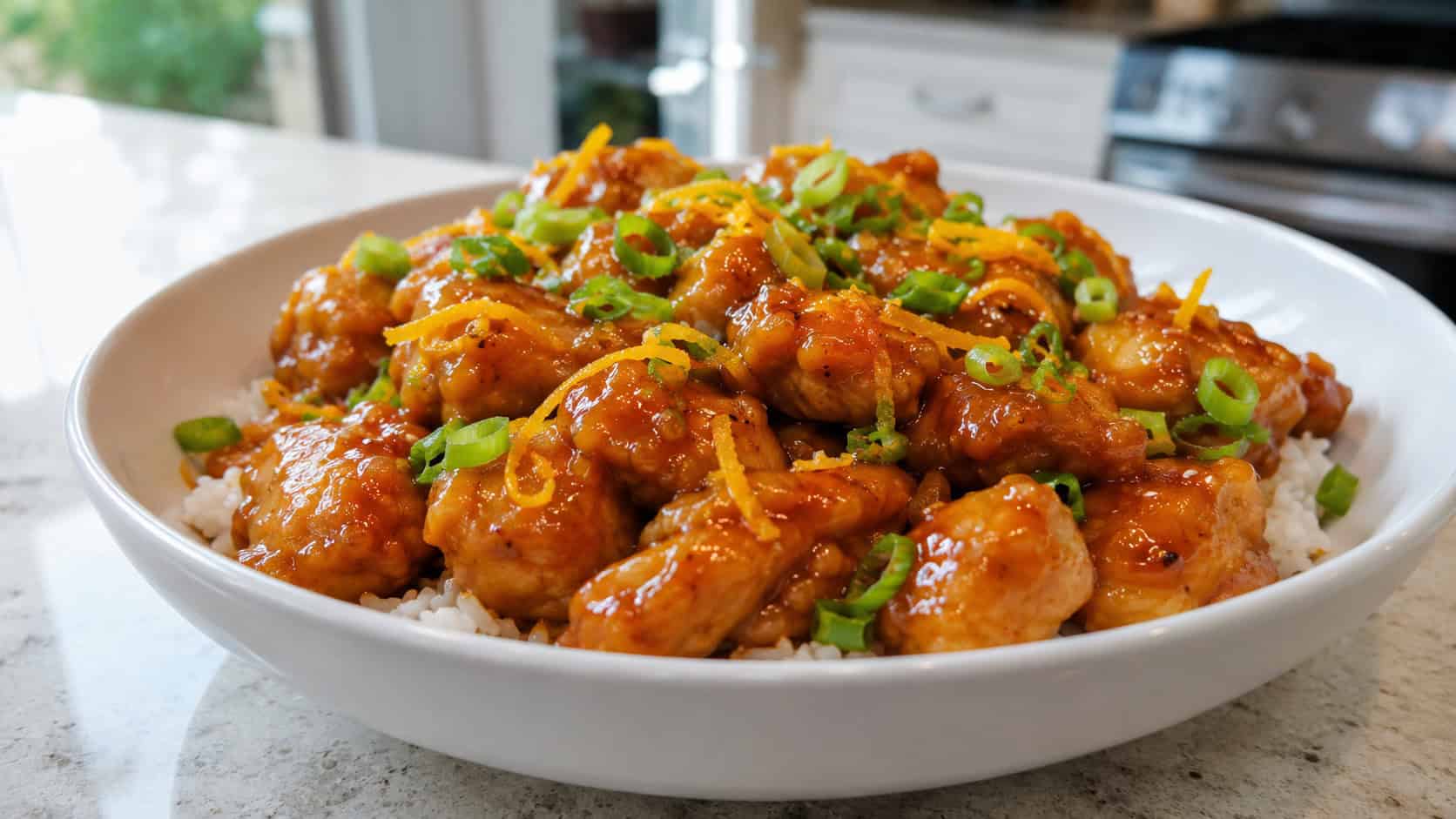 orange chicken stir fry in a wide horizontal shot, glistening sticky orange glaze coating golden chicken, served in a white bowl over rice, garnished with orange zest and sliced green onion, on a bright kitchen counter, natural light, shallow depth of field, landscape orientation