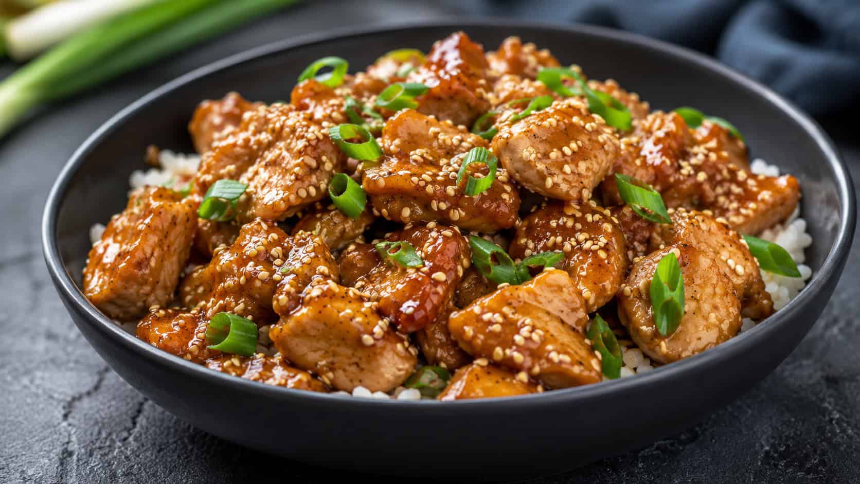sesame chicken stir fry in a wide horizontal shot, glossy soy-glazed chicken heavily coated in toasted sesame seeds, served in a dark bowl over rice, scattered with green onions, on a slate surface, natural light, shallow depth of field, landscape orientation
