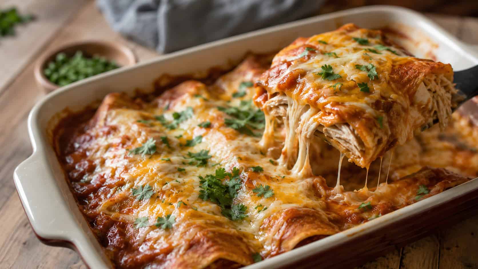 cheesy chicken enchiladas smothered in red sauce and bubbling cheese in a baking dish in a wide horizontal shot, cilantro sprinkled on top, one serving lifted out, warm rustic table, natural light, shallow depth of field, landscape orientation