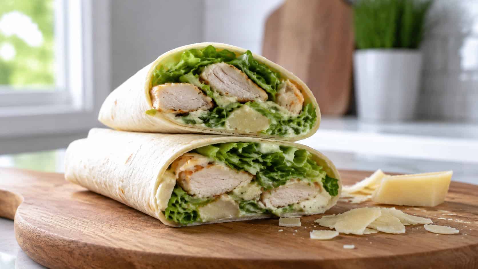a halved chicken Caesar wrap showing romaine and chicken inside on a wooden board in a wide horizontal shot, parmesan shavings nearby, bright clean counter, natural daylight, shallow depth of field, landscape orientation