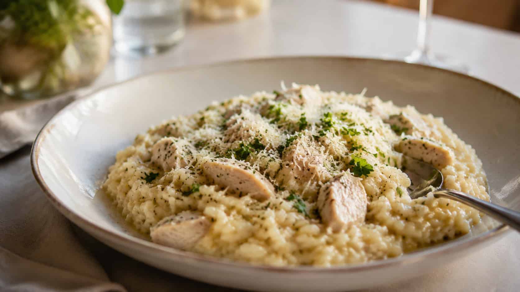creamy herbed chicken risotto in a shallow bowl in a wide horizontal shot, parmesan and green herbs sprinkled on top, a spoon dipped in, soft elegant table, warm natural light, shallow depth of field, landscape orientation