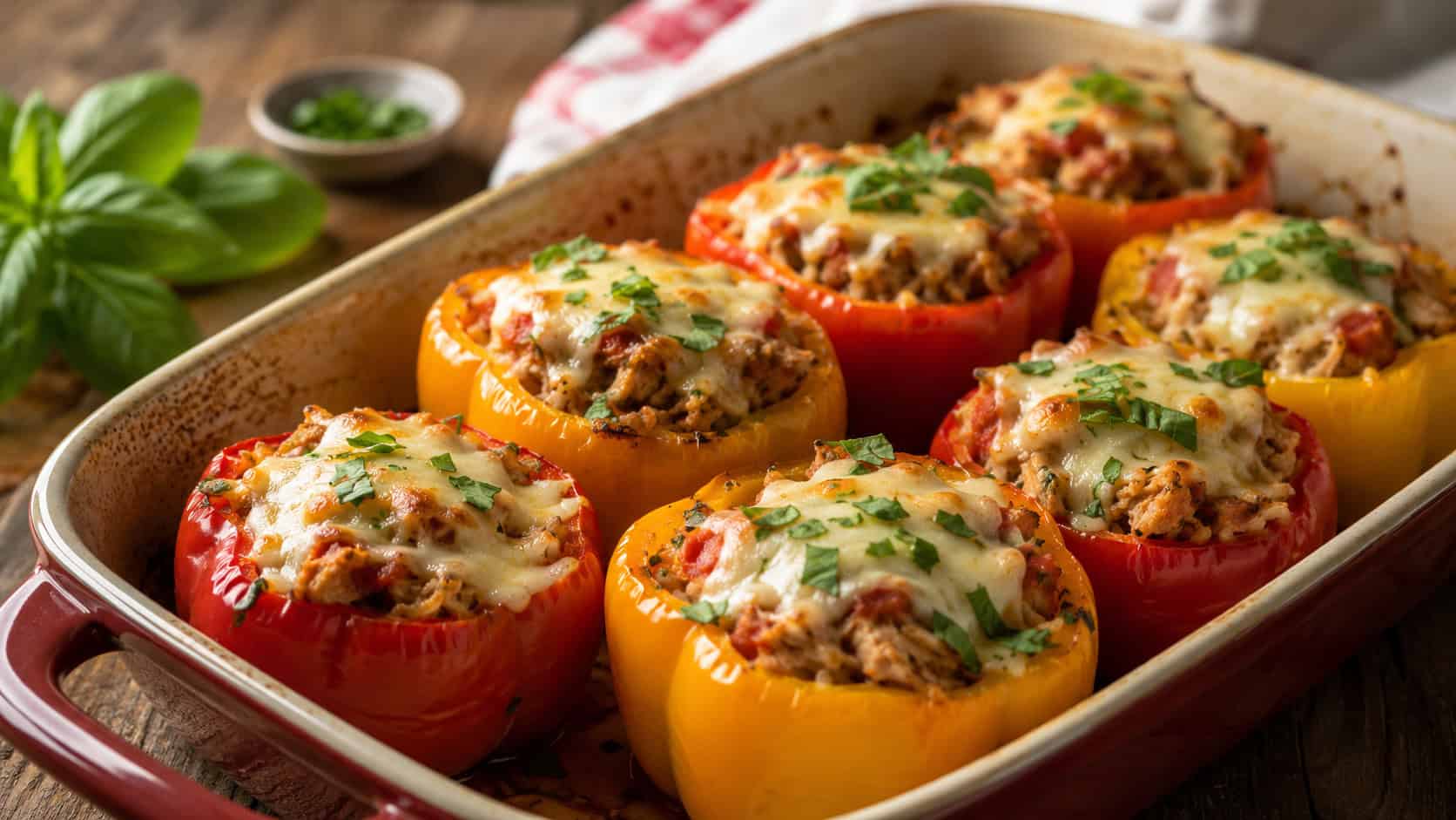 colorful bell peppers stuffed with chicken and rice topped with melted cheese in a baking dish in a wide horizontal shot, fresh basil on top, rustic table, warm natural light, shallow depth of field, landscape orientation