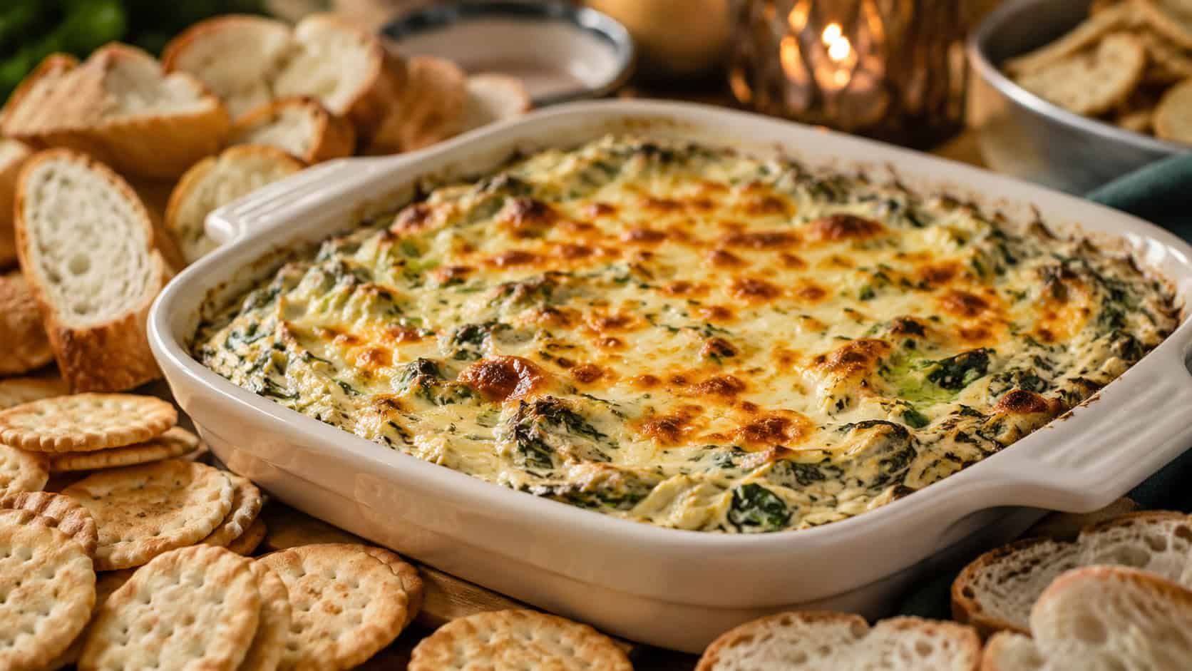 bubbling cheesy chicken spinach artichoke dip in a baking dish in a wide horizontal shot, golden browned top, crackers and bread arranged around it, cozy party table, warm natural light, shallow depth of field, landscape orientation