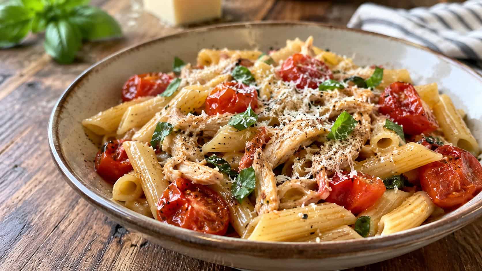 penne pasta with burst cherry tomatoes, shredded chicken, and fresh basil in a bowl in a wide horizontal shot, parmesan grated over top, rustic wooden table, bright natural light, shallow depth of field, landscape orientation