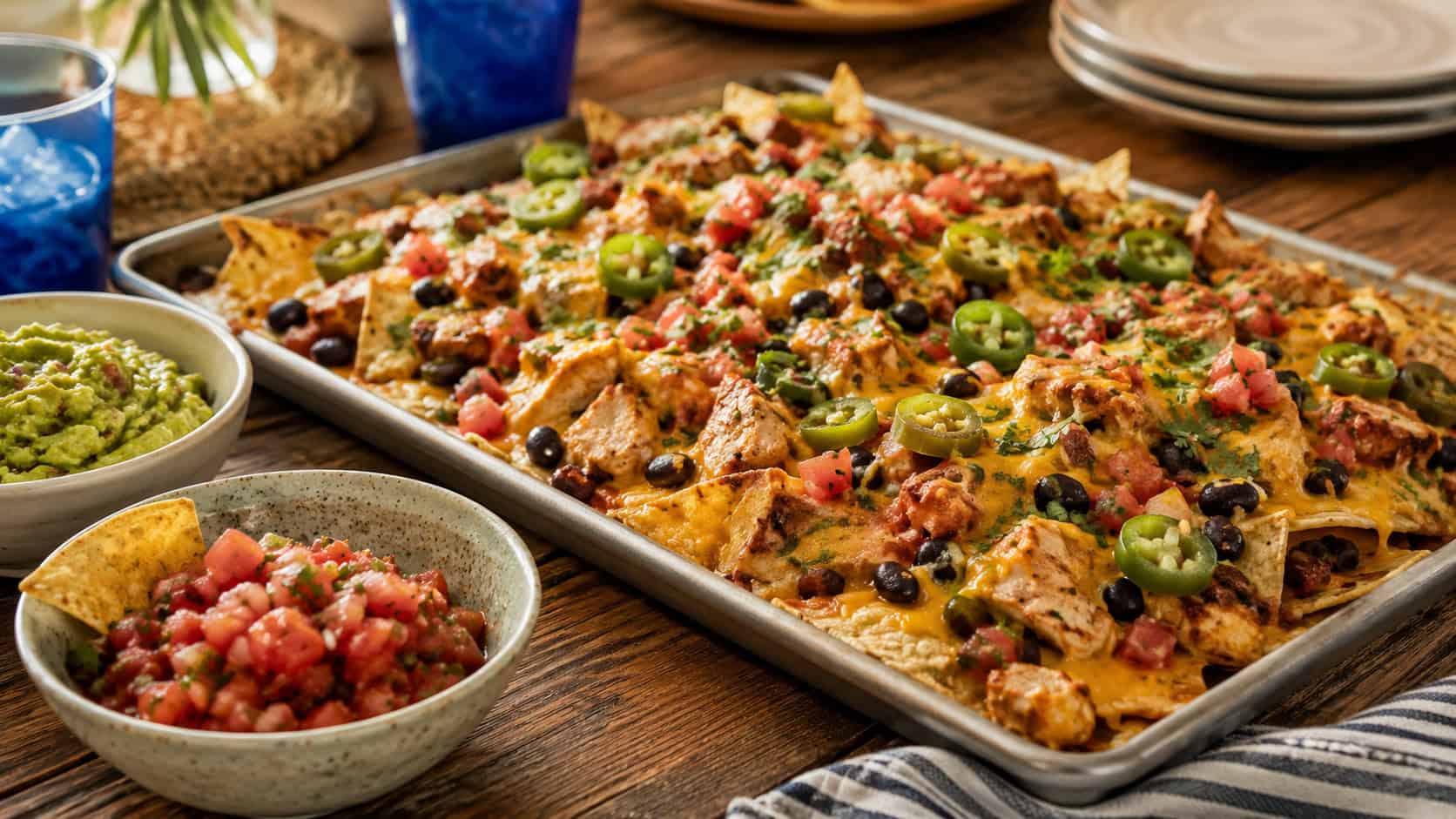 a loaded sheet pan of chicken nachos with melted cheese, jalapenos, and cilantro in a wide horizontal shot, bowls of salsa and guacamole beside it, casual party table, warm natural light, shallow depth of field, landscape orientation