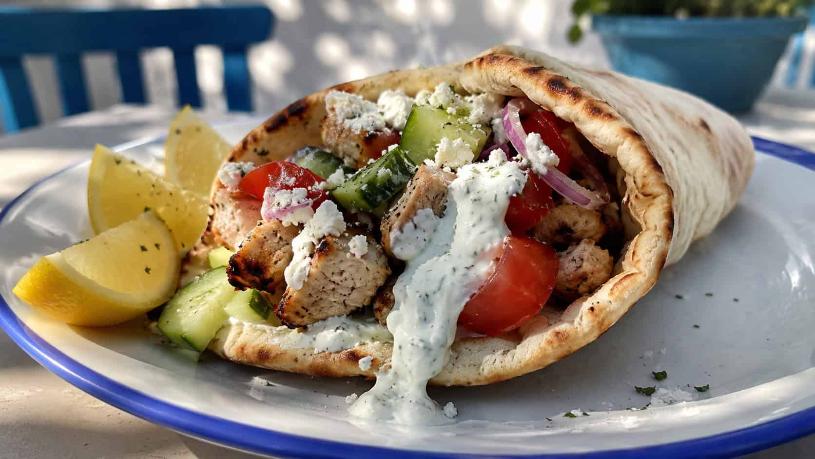 an open Greek chicken pita filled with chicken, cucumber, tomato, and feta in a wide horizontal shot, tzatziki dripping out, lemon wedges nearby, bright Mediterranean table, natural light, shallow depth of field, landscape orientation