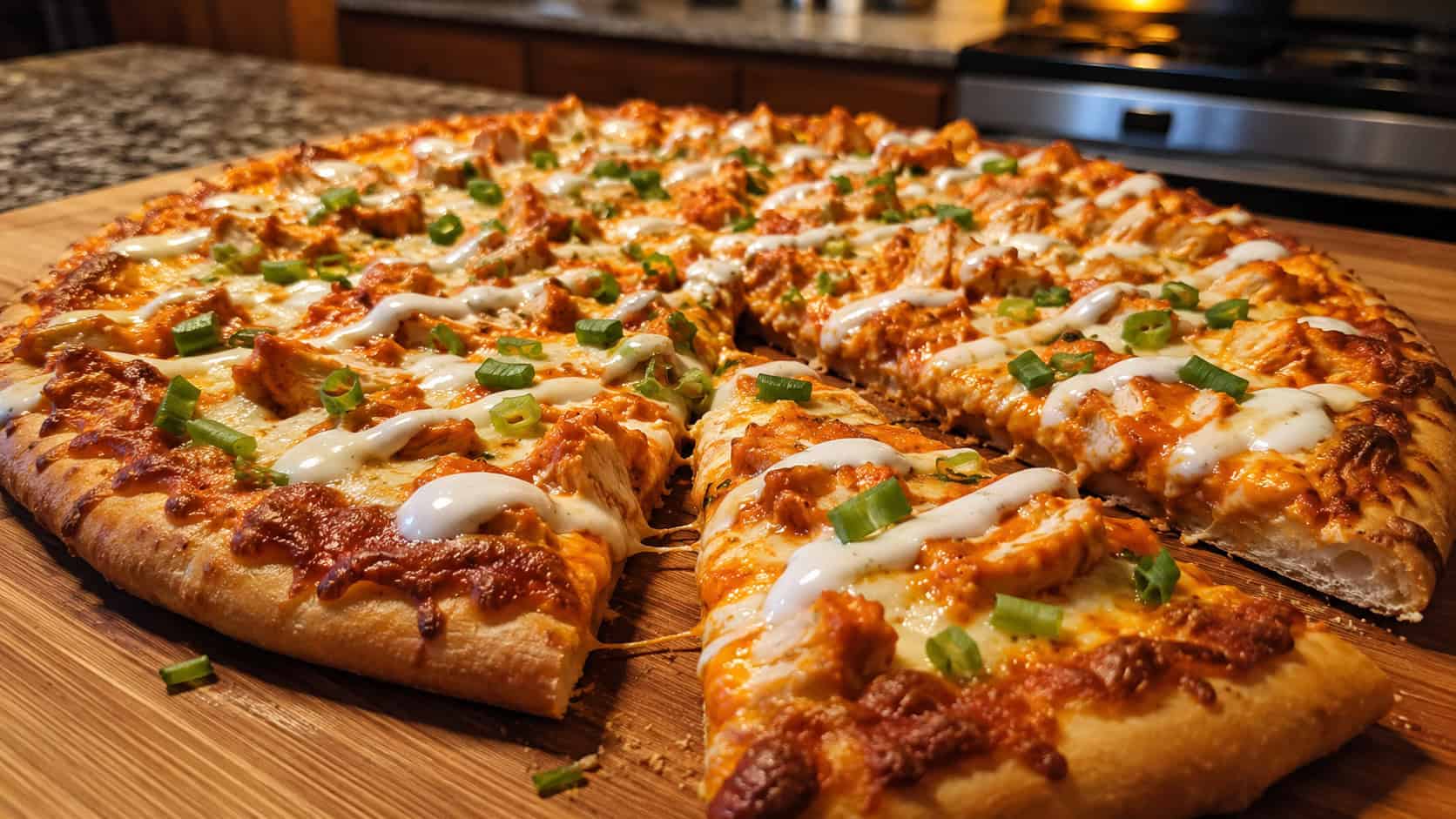 a bubbling buffalo chicken pizza with melted cheese and ranch drizzle on a wooden board in a wide horizontal shot, green onion sprinkled on top, one slice pulled away, warm kitchen light, shallow depth of field, landscape orientation