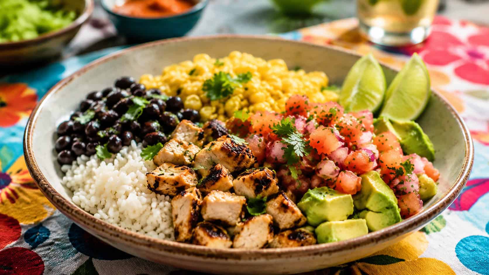 a colorful chicken burrito bowl with rice, black beans, corn, avocado, and pico de gallo in a wide horizontal shot, lime wedges on the rim, bright festive table, natural light, shallow depth of field, landscape orientation