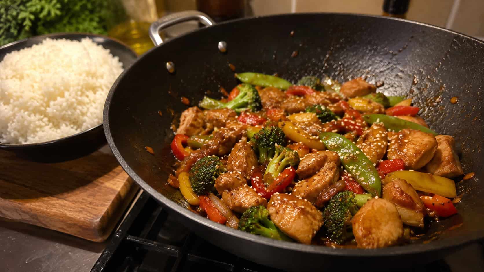 a glossy chicken and vegetable stir fry in a dark wok in a wide horizontal shot, sesame seeds sprinkled on top, steamed rice beside it, warm kitchen light, shallow depth of field, landscape orientation