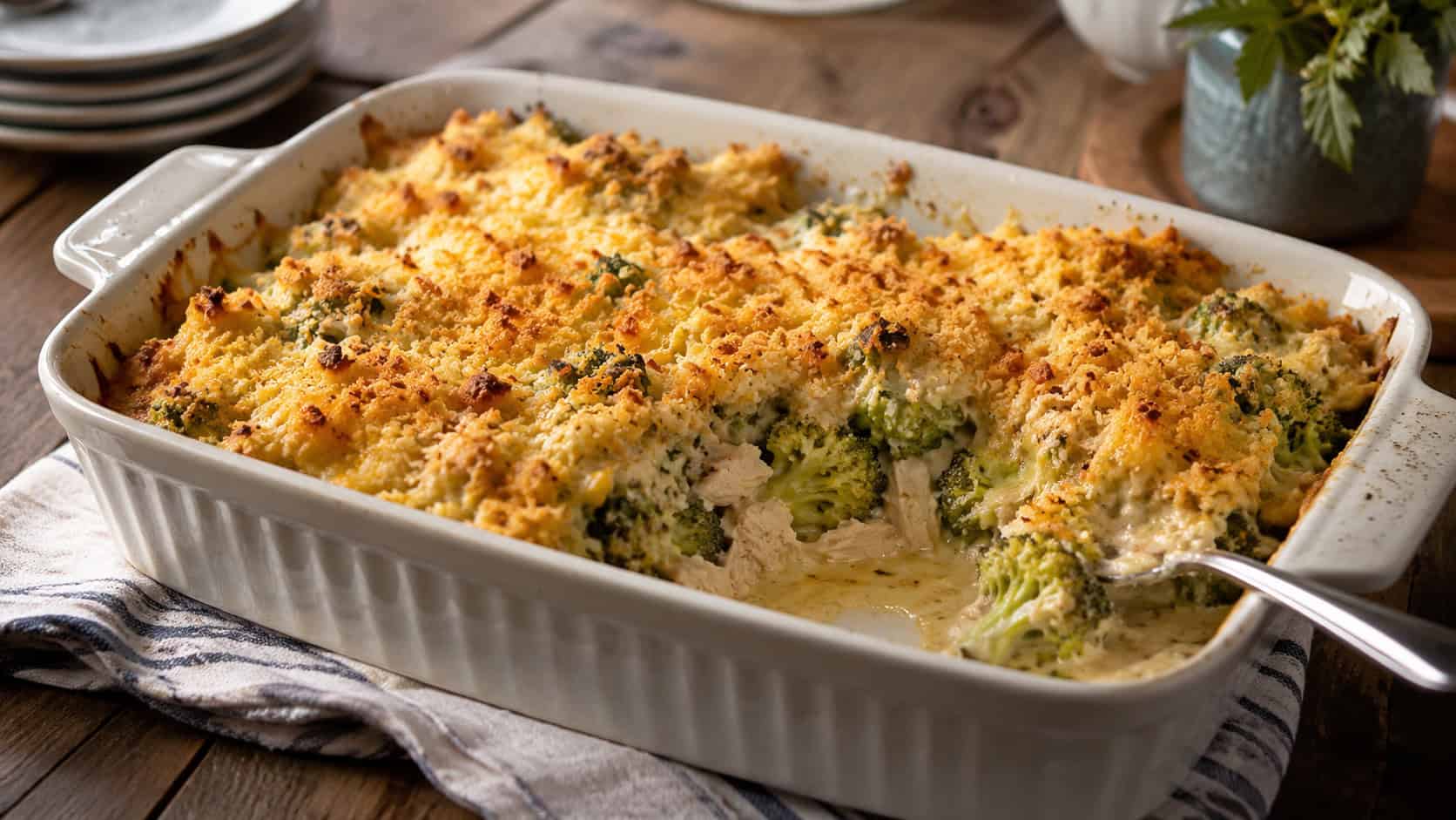 a creamy chicken and broccoli casserole with golden cheesy breadcrumb topping in a baking dish in a wide horizontal shot, a scoop removed, cozy farmhouse table, warm natural light, shallow depth of field, landscape orientation