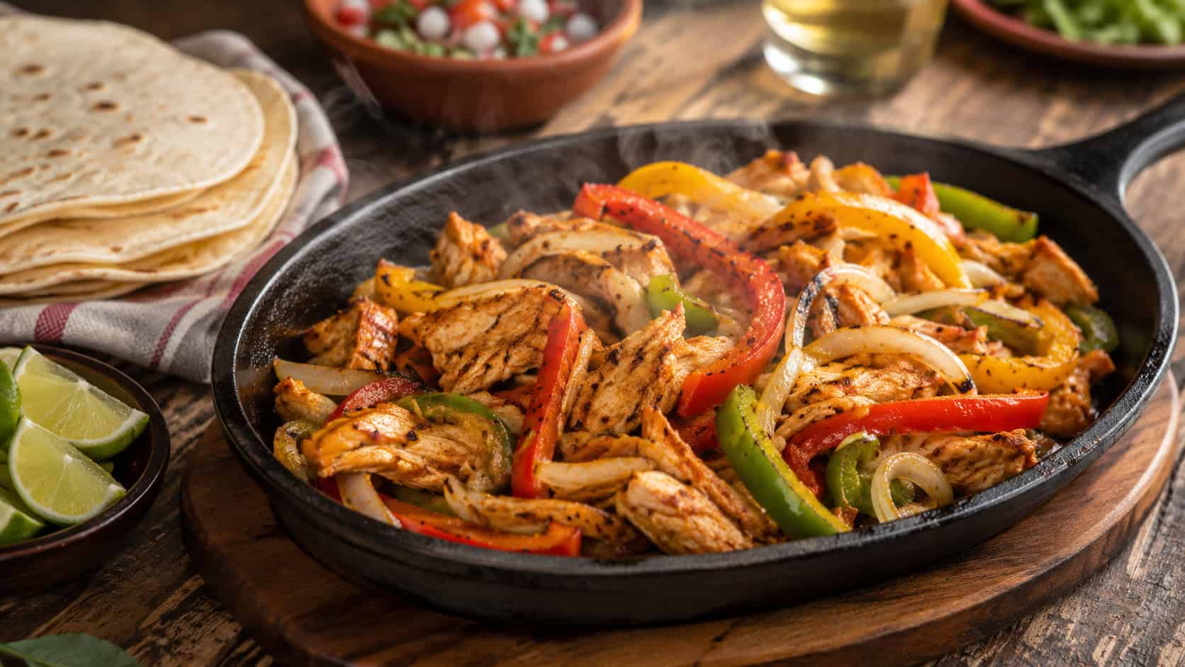 a sizzling fajita skillet with shredded chicken, charred bell peppers, and onions in a wide horizontal shot, warm tortillas and lime wedges beside it, rustic table, warm natural light, shallow depth of field, landscape orientation