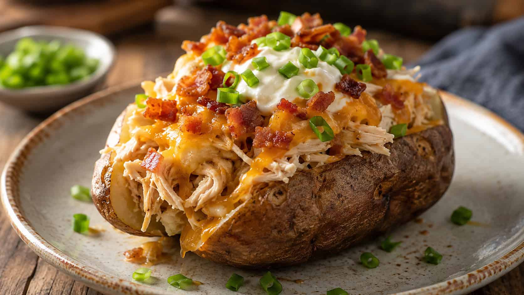 a loaded baked potato split open and stuffed with shredded chicken, melted cheese, bacon, and sour cream in a wide horizontal shot, green onions on top, rustic plate, warm natural light, shallow depth of field, landscape orientation