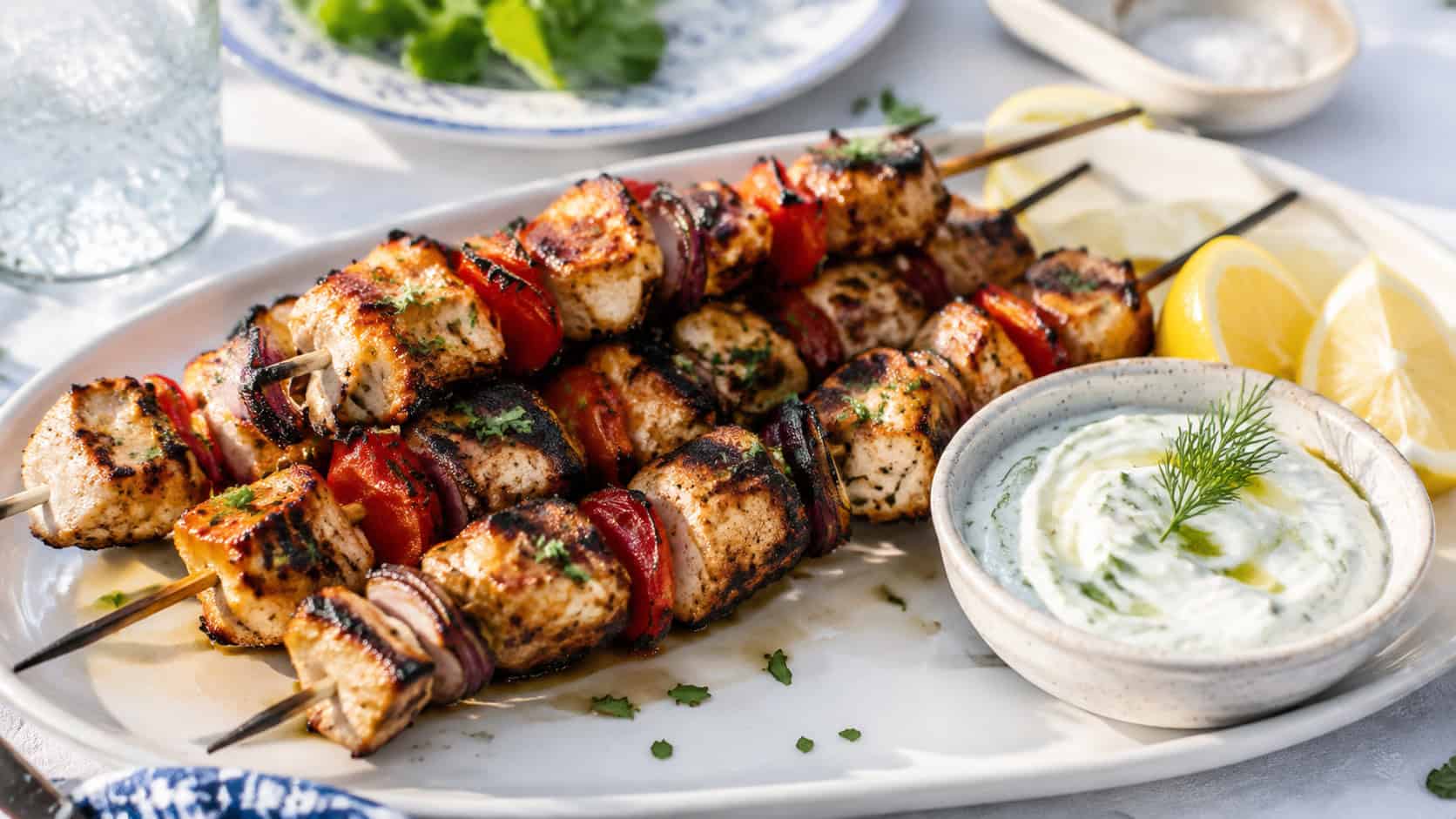 grilled chicken souvlaki skewers with charred peppers and red onion on a platter in a wide horizontal shot, tzatziki and lemon wedges beside them, bright Mediterranean table, natural light, shallow depth of field, landscape orientation