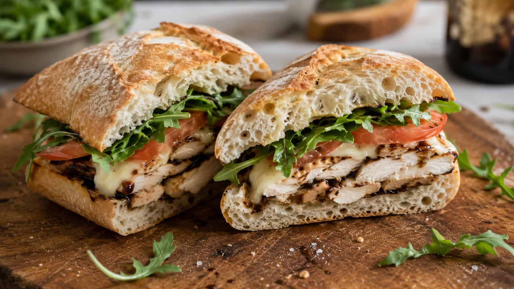 a toasted ciabatta sandwich stacked with balsamic chicken, melted mozzarella, tomato, and arugula in a wide horizontal shot, cut in half to show the layers, rustic board, warm natural light, shallow depth of field, landscape orientation