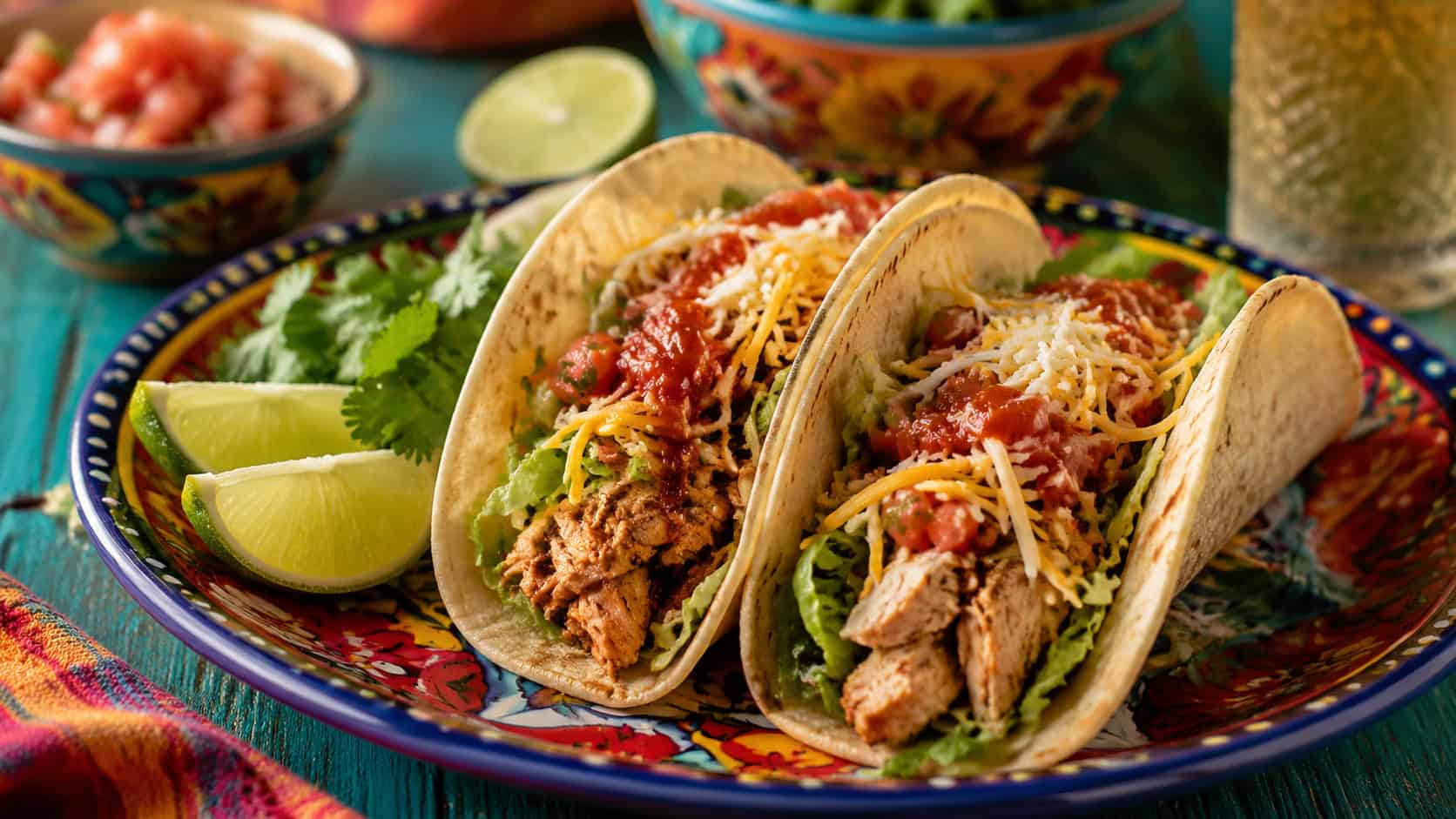 three loaded chicken tacos with lettuce, cheese, and salsa on a colorful plate in a wide horizontal shot, lime wedges and cilantro on the side, bright festive table, natural light, shallow depth of field, landscape orientation