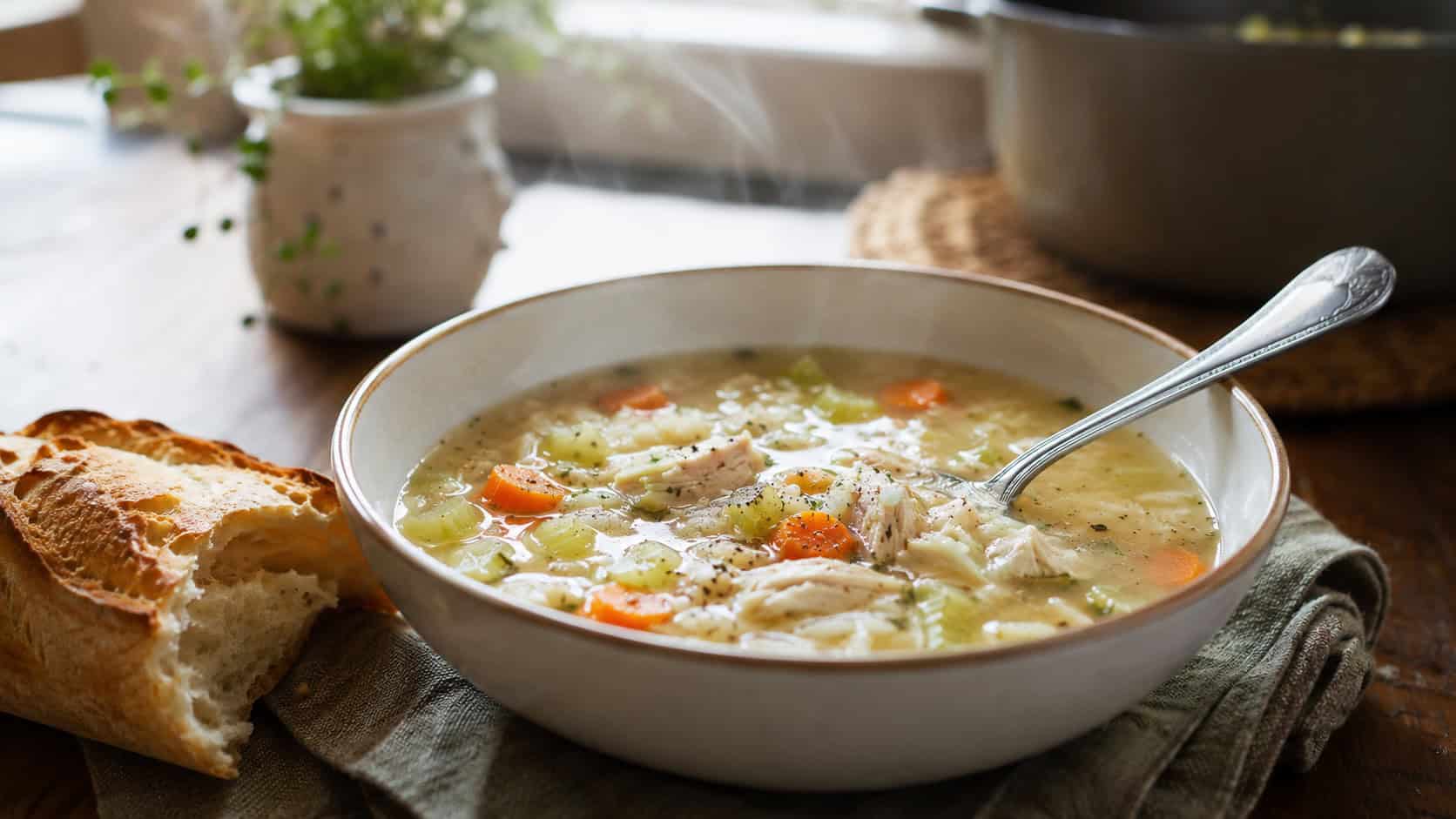 a steaming bowl of chicken and rice soup with carrots and celery in a wide horizontal shot, a spoon resting on the rim, crusty bread beside it, cozy kitchen table, soft natural light, shallow depth of field, landscape orientation