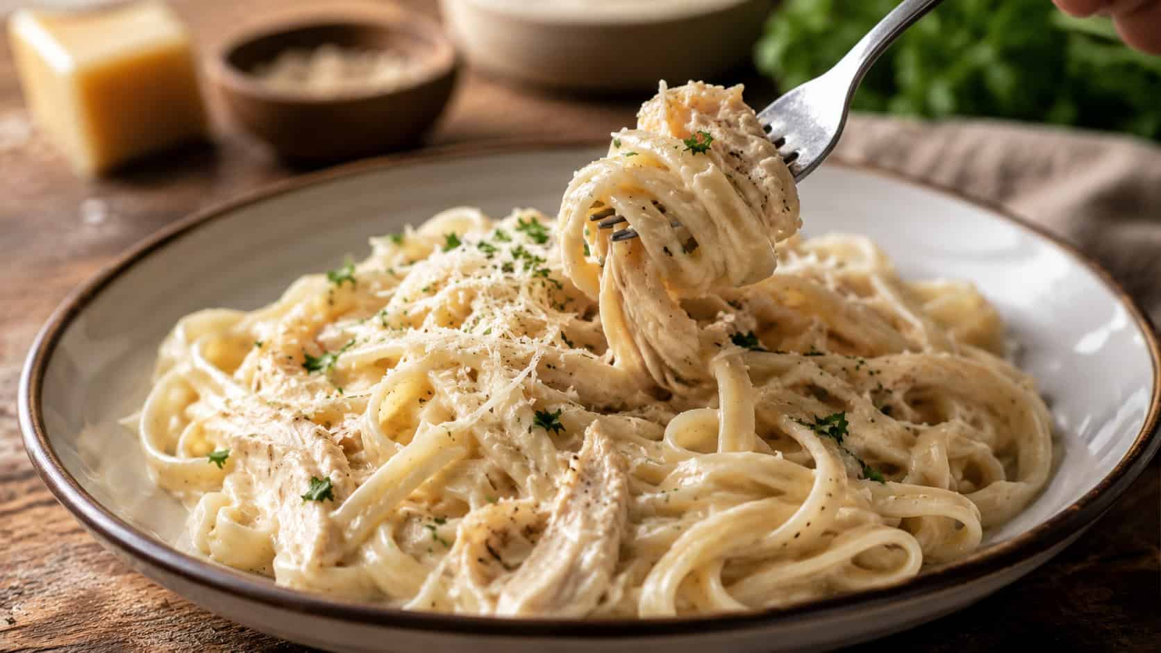 creamy fettuccine alfredo tangled with shredded chicken in a shallow bowl in a wide horizontal shot, parmesan and parsley on top, fork twirling pasta, warm rustic table, natural light, shallow depth of field, landscape orientation