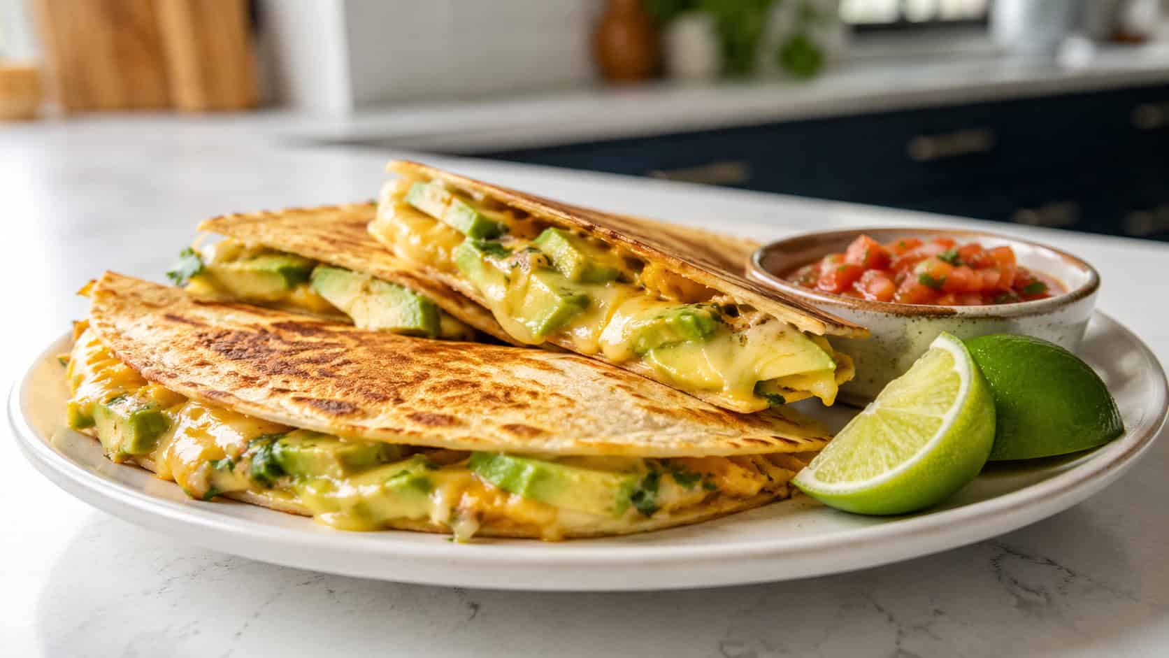 golden quesadilla wedges with melted cheese and avocado spilling out on a plate in a wide horizontal shot, salsa and lime beside them, bright kitchen counter, natural light, shallow depth of field, landscape orientation