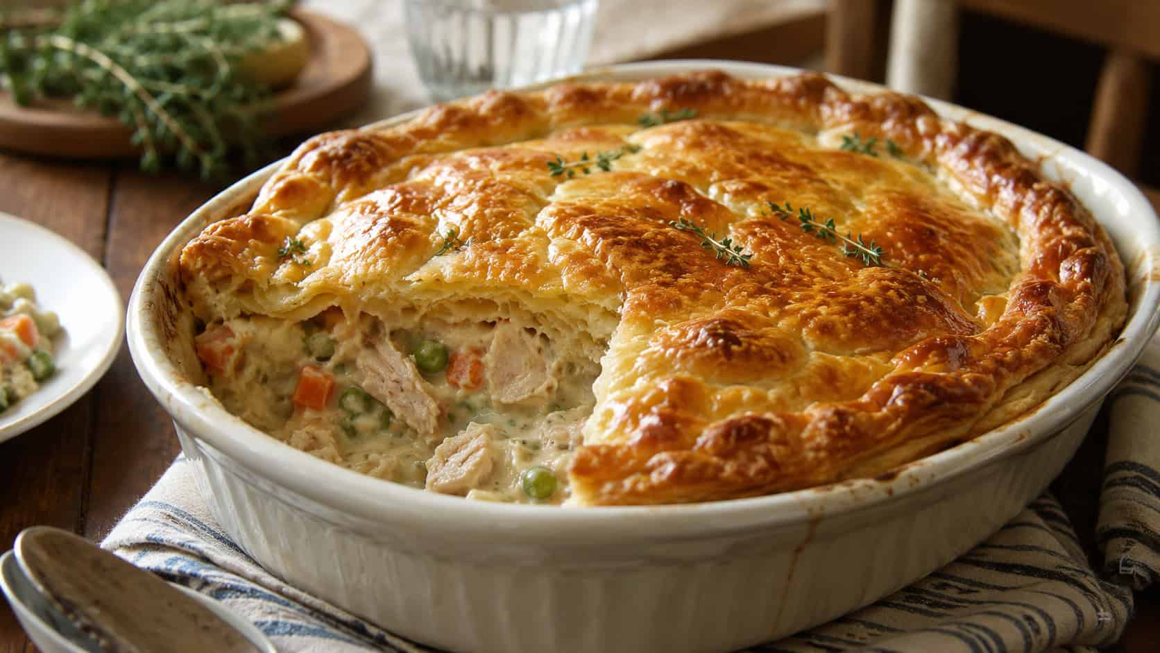 a bubbling chicken pot pie with a golden flaky puff pastry top in a baking dish in a wide horizontal shot, a scoop removed showing creamy filling, cozy farmhouse table, warm natural light, shallow depth of field, landscape orientation