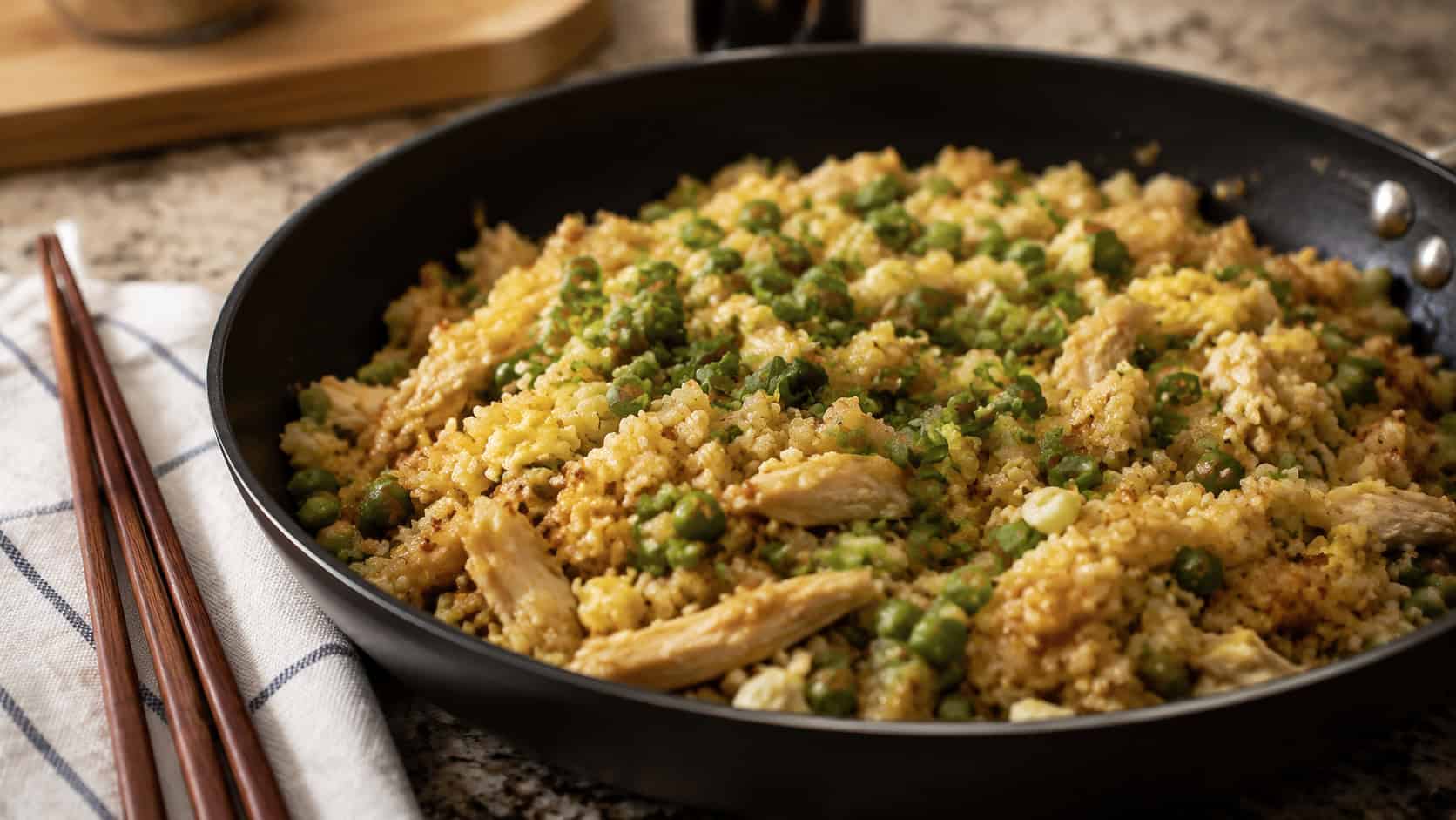 cauliflower fried rice with shredded chicken, peas, and egg in a dark skillet in a wide horizontal shot, green onions on top, chopsticks resting beside it, warm kitchen light, shallow depth of field, landscape orientation