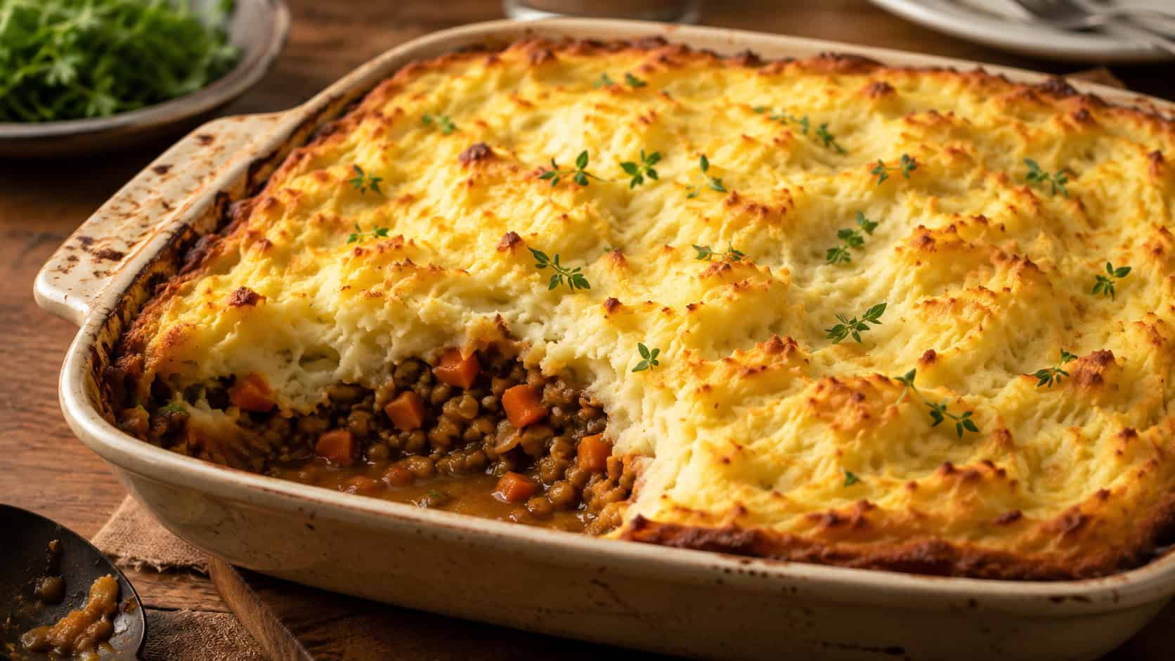 a vegetarian shepherd's pie with golden mashed potato topping in a wide horizontal baking dish, a scoop removed to show the filling, set on a rustic table, warm natural light, shallow depth of field, landscape orientation