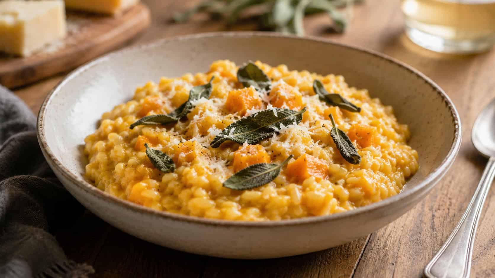 a bowl of creamy orange butternut squash risotto in a wide horizontal shot, sage leaves and parmesan on top, set on a warm wooden table, soft natural light, shallow depth of field, landscape orientation