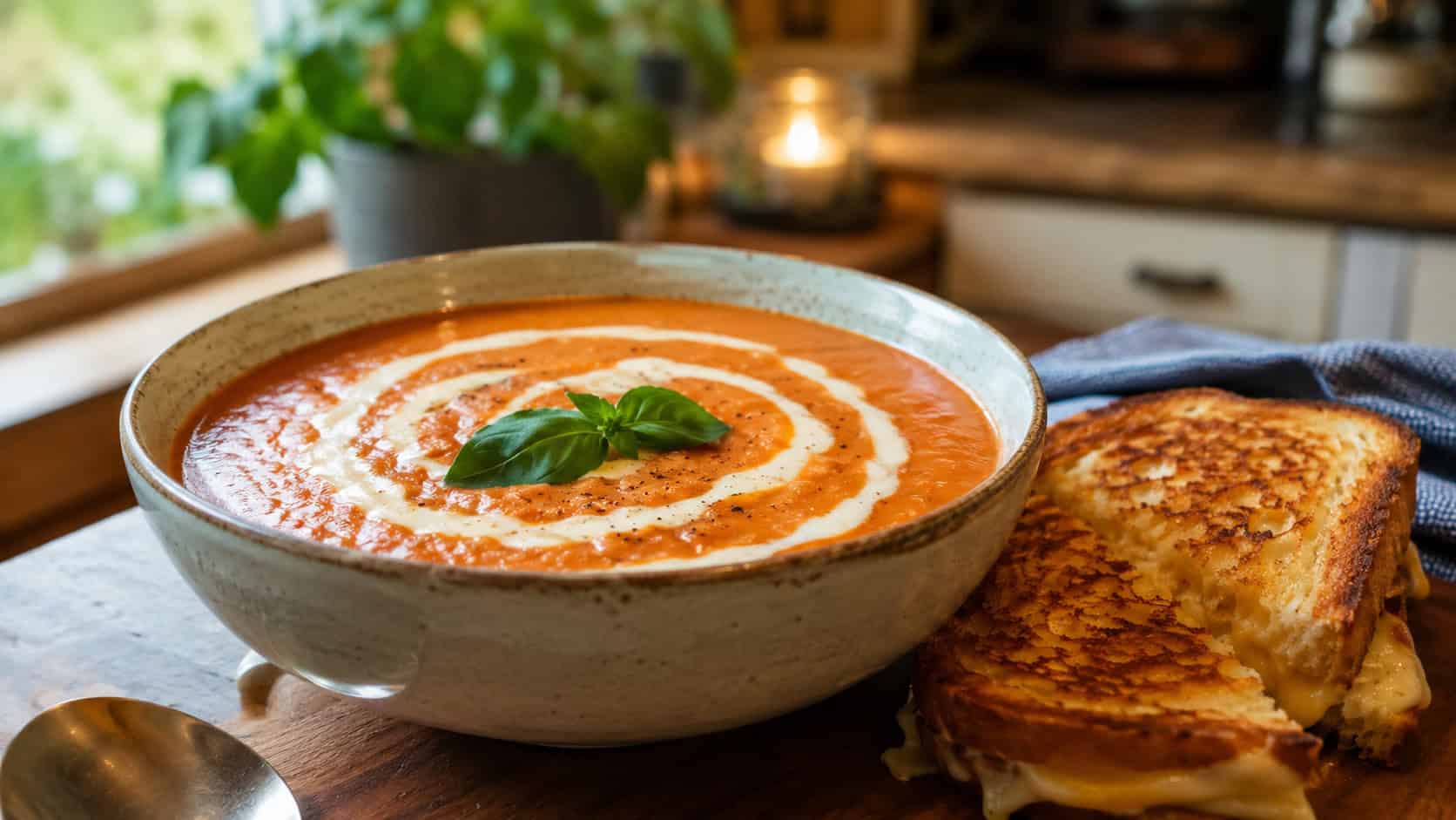a bowl of creamy red tomato basil soup with a cream swirl in a wide horizontal shot, a grilled cheese on the side, set on a cozy kitchen table, warm natural light, shallow depth of field, landscape orientation