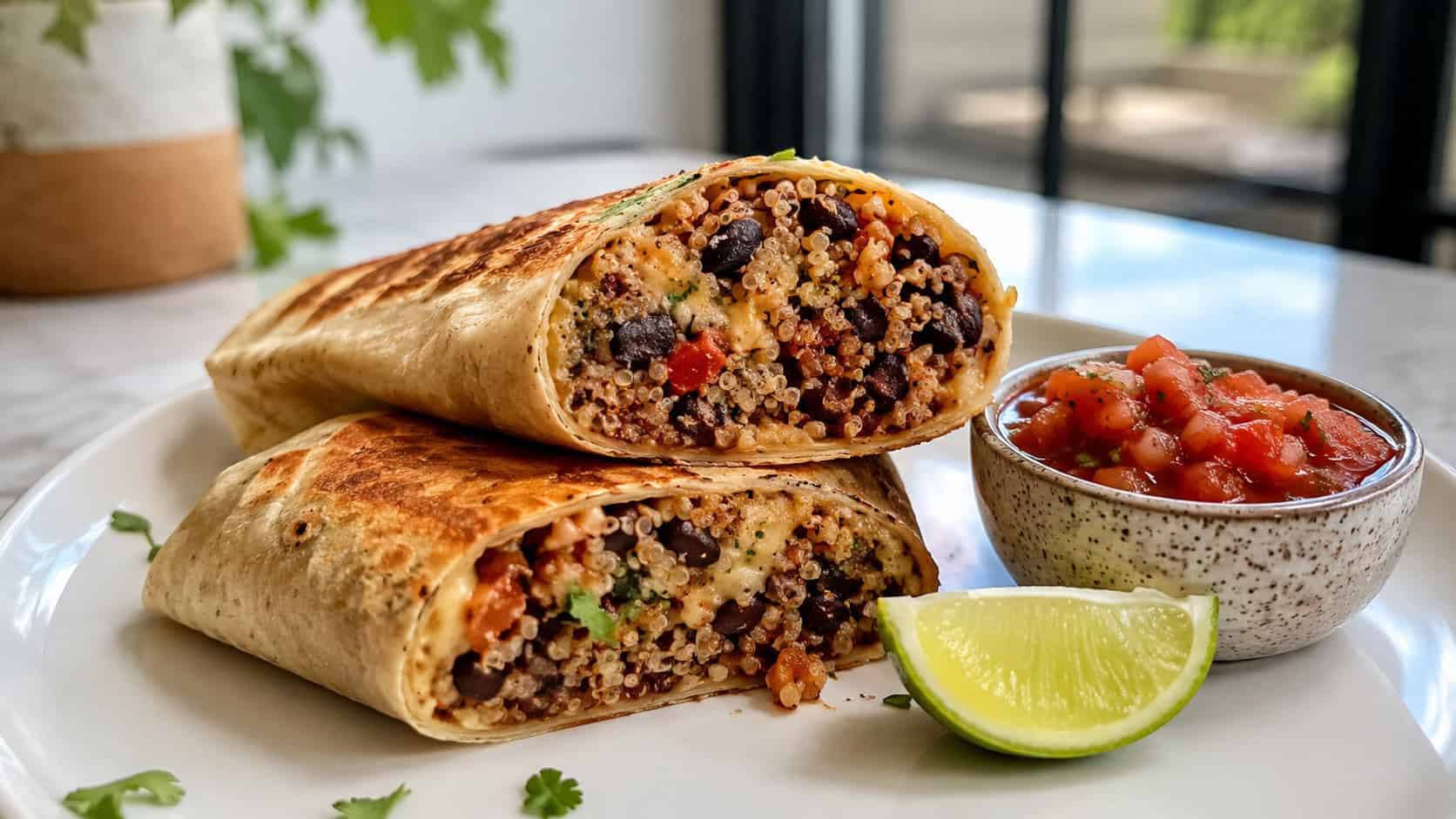 two golden toasted burritos sliced to show the quinoa and bean filling in a wide horizontal shot, salsa and lime on the side, set on a bright counter, natural light, shallow depth of field, landscape orientation