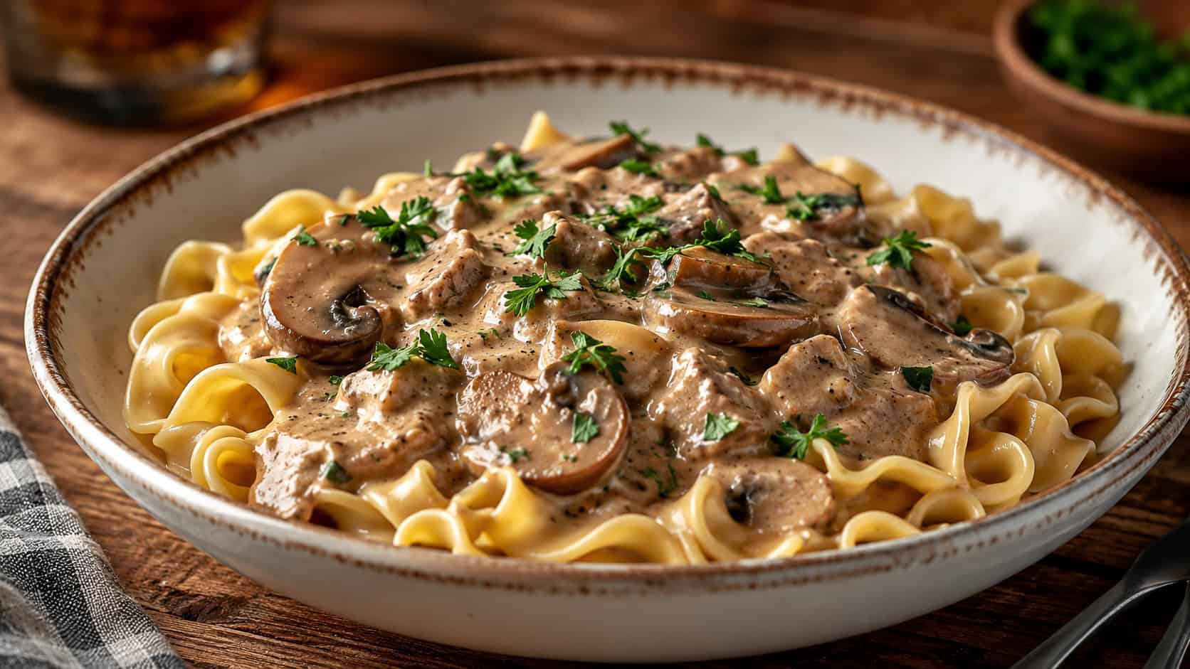 creamy mushroom stroganoff over egg noodles in a wide horizontal bowl, fresh parsley on top, set on a rustic wooden table, warm natural light, shallow depth of field, landscape orientation
