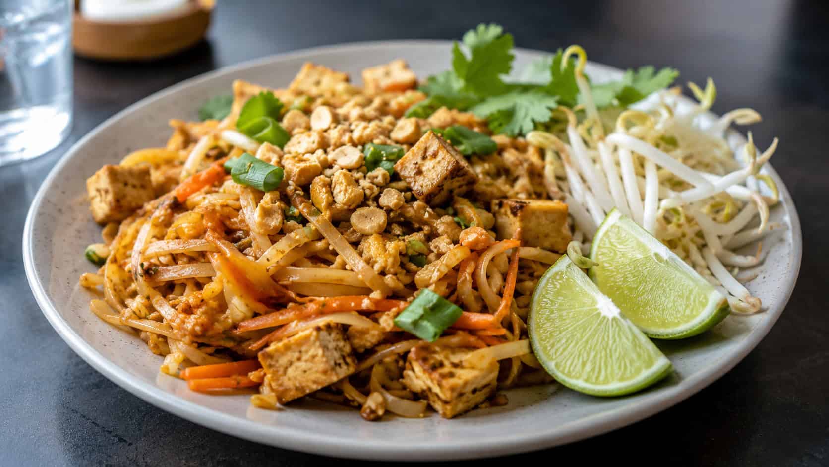 a plate of vegan pad thai noodles with tofu and crushed peanuts in a wide horizontal shot, lime wedges and sprouts on the side, set on a dark table, natural light, shallow depth of field, landscape orientation