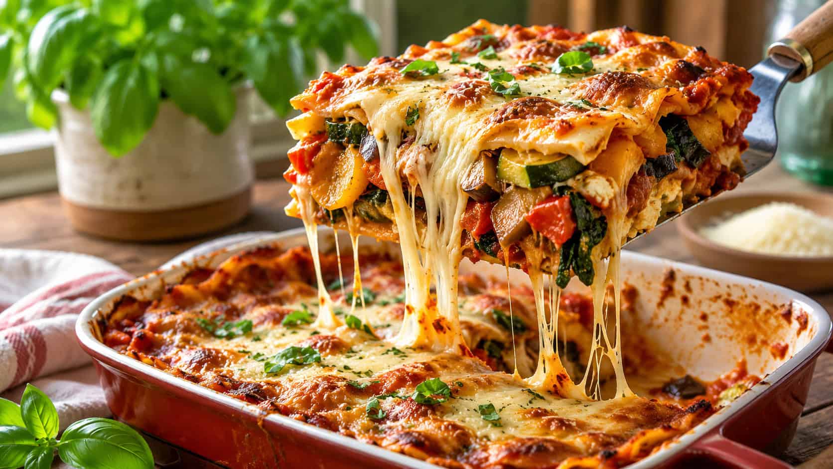 a slice of roasted vegetable lasagna lifted from the pan in a wide horizontal shot, melted cheese stretching, set on a farmhouse table with basil, warm natural light, shallow depth of field, landscape orientation