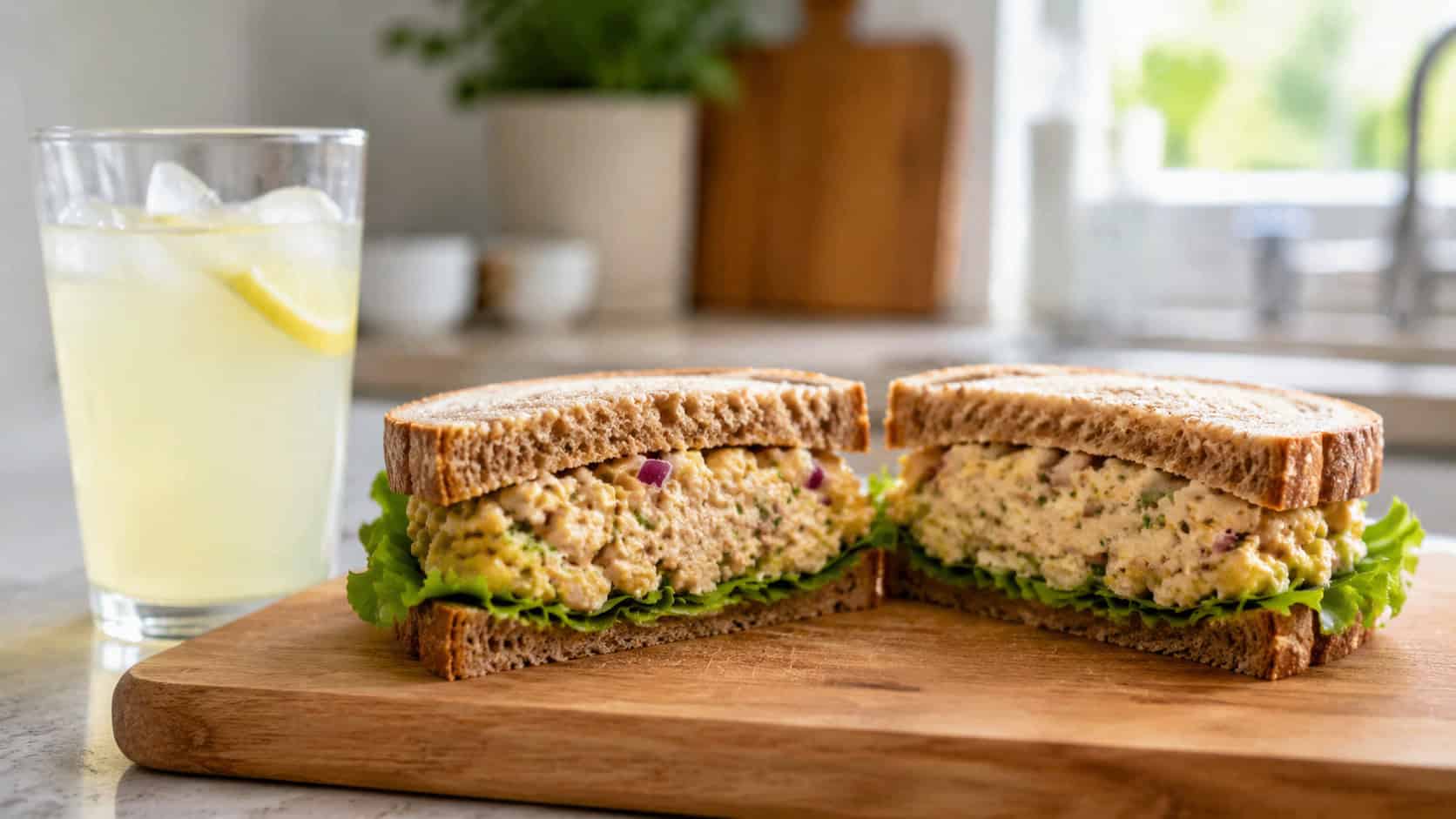 a chickpea salad sandwich cut in half on a wide horizontal cutting board, lettuce peeking out, a glass of lemonade beside it, bright kitchen counter, natural light, shallow depth of field, landscape orientation