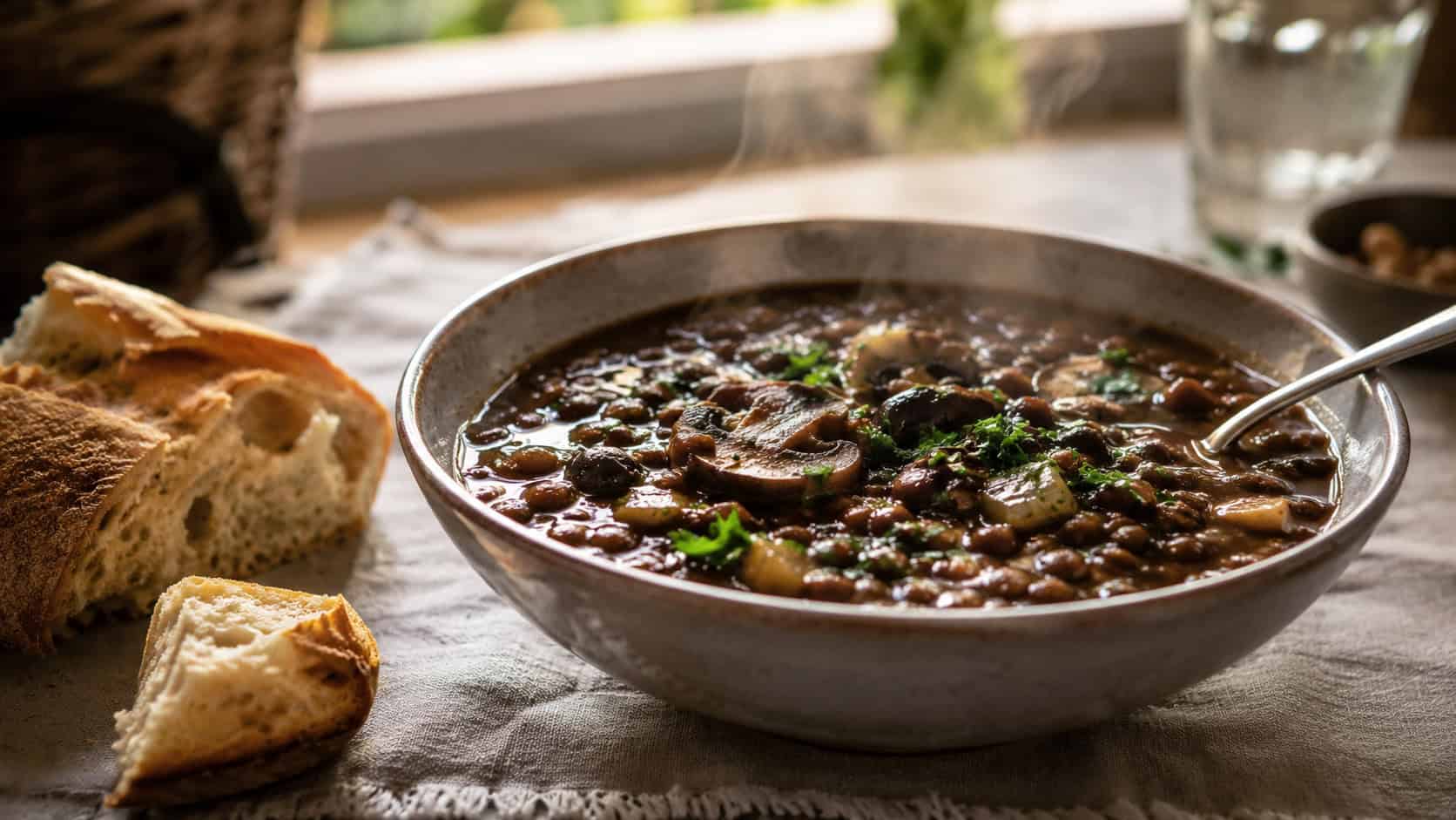 a steaming bowl of dark lentil and mushroom stew in a wide horizontal shot, crusty bread on the side, set on a cozy linen runner, warm natural light, shallow depth of field, landscape orientation