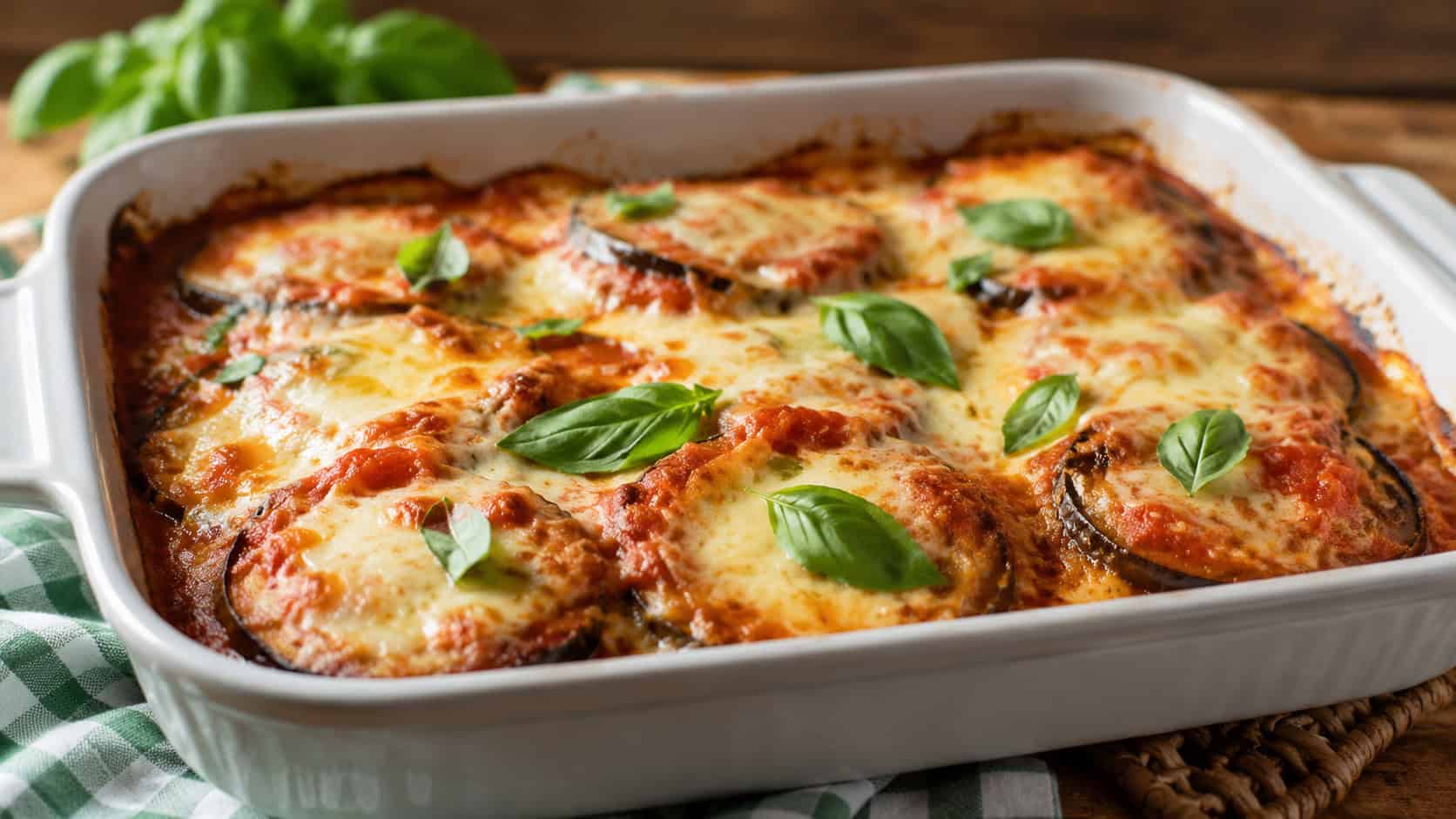 a baked eggplant parmesan with bubbling melted cheese in a wide horizontal baking dish, fresh basil on top, set on a wooden table with a checkered cloth, warm natural light, shallow depth of field, landscape orientation