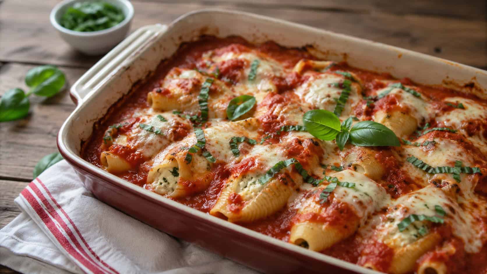 marinara-covered stuffed pasta shells with melted cheese in a wide horizontal baking dish, fresh basil garnish, set on a rustic farmhouse table, soft natural light, shallow depth of field, landscape orientation