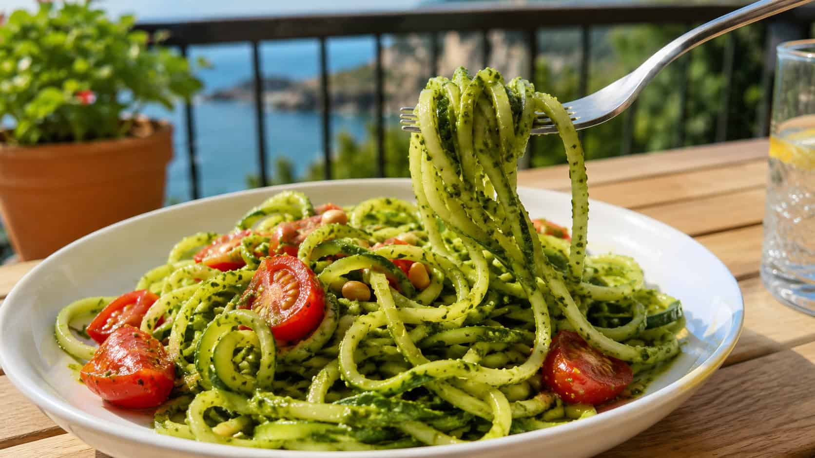 a plate of green pesto zucchini noodles with cherry tomatoes in a wide horizontal shot, a fork twirling a bite, set on a sunny patio table, bright natural light, shallow depth of field, landscape orientation