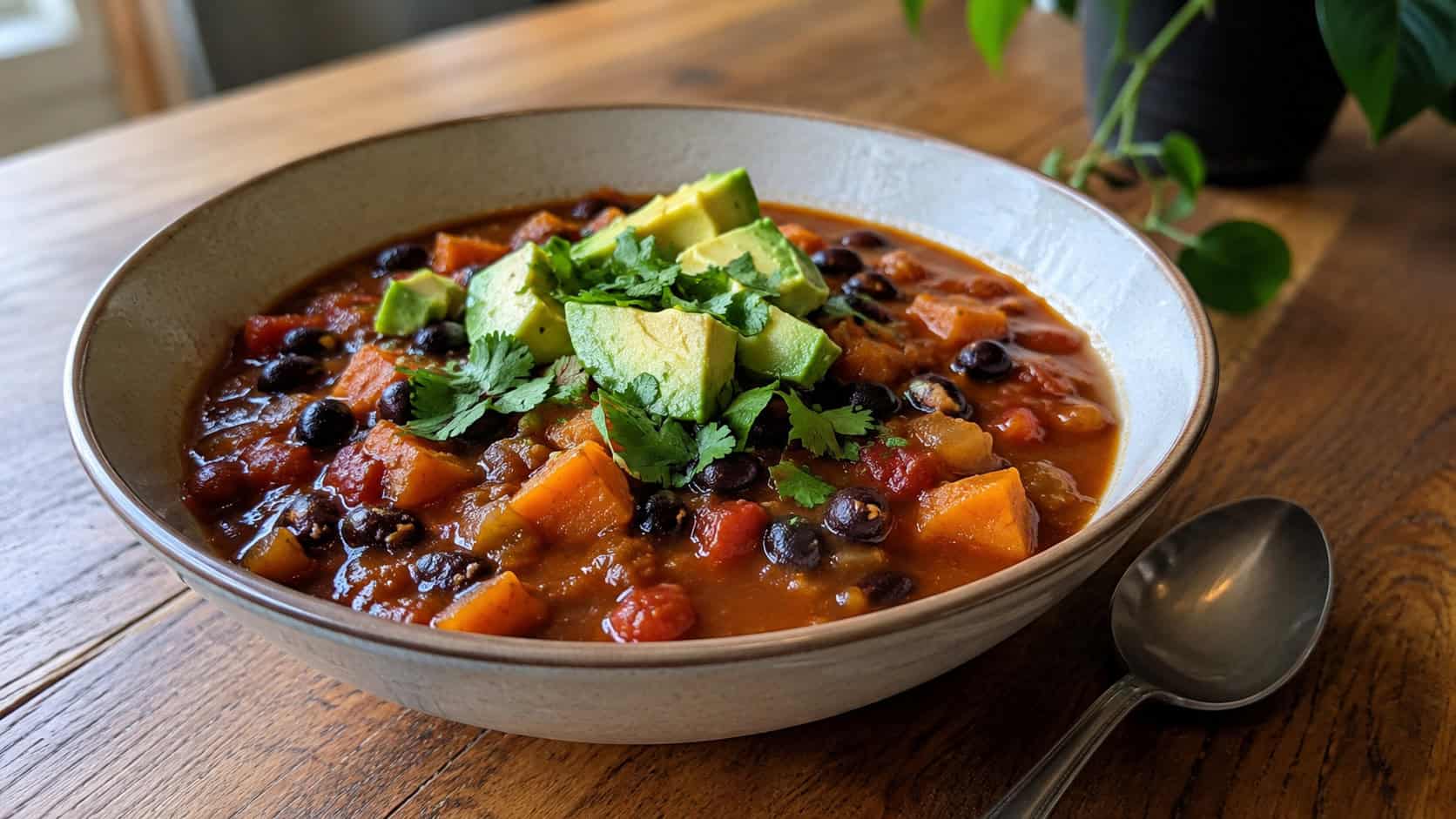 a bowl of hearty sweet potato and black bean chili in a wide horizontal shot, topped with avocado and cilantro, set on a wooden table with a spoon, warm natural light, shallow depth of field, landscape orientation